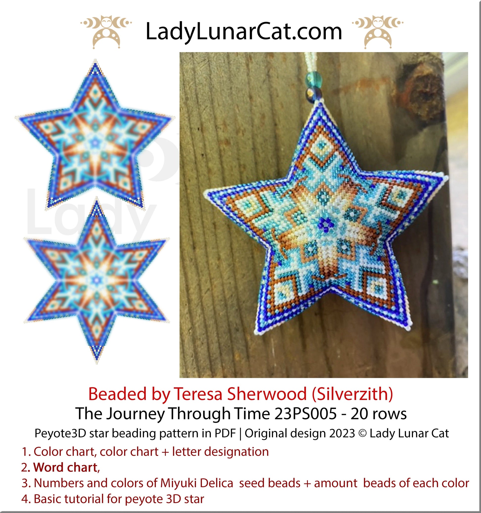 Peyote star pattern for beading - The Journey Through Time 23PS005 20 rows LadyLunarCat