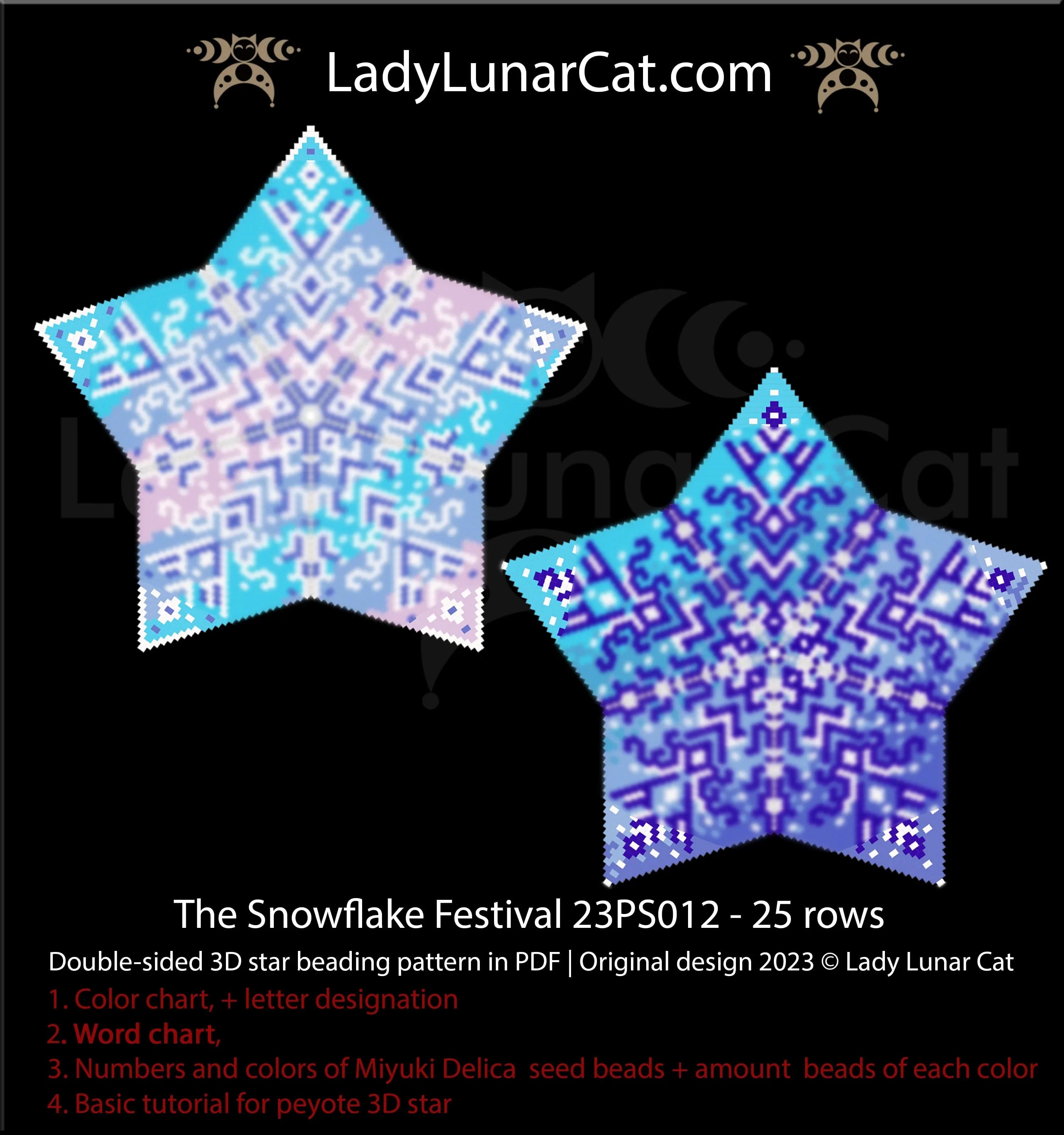 Snowflake Festival peyote star pattern - winter ice blue 3D star 25 rows PDF LadyLunarCat