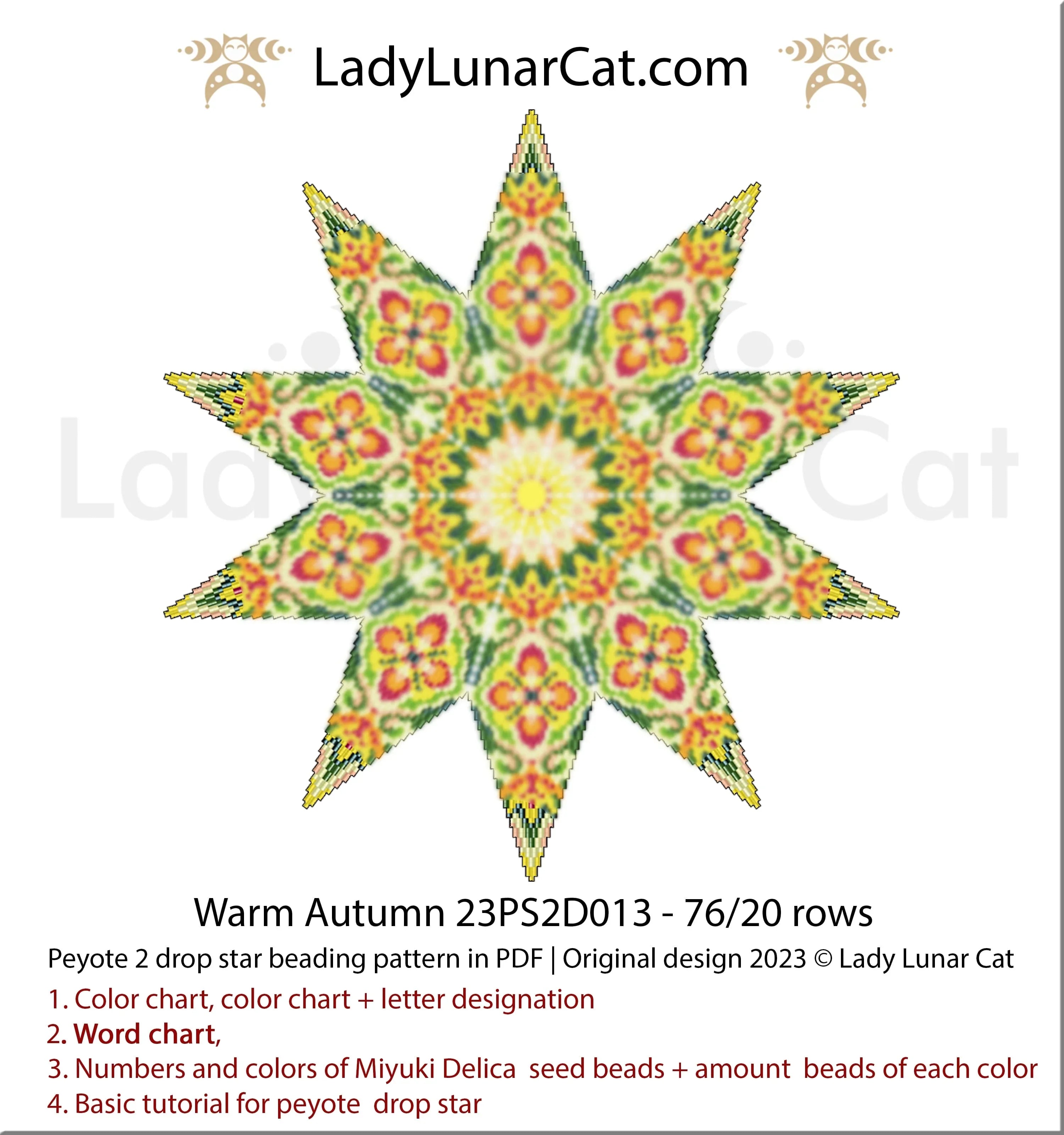 Warm Autumn 23PS2D013 — PDF pattern preview, colored graph and word chart, Lady Lunar Cat