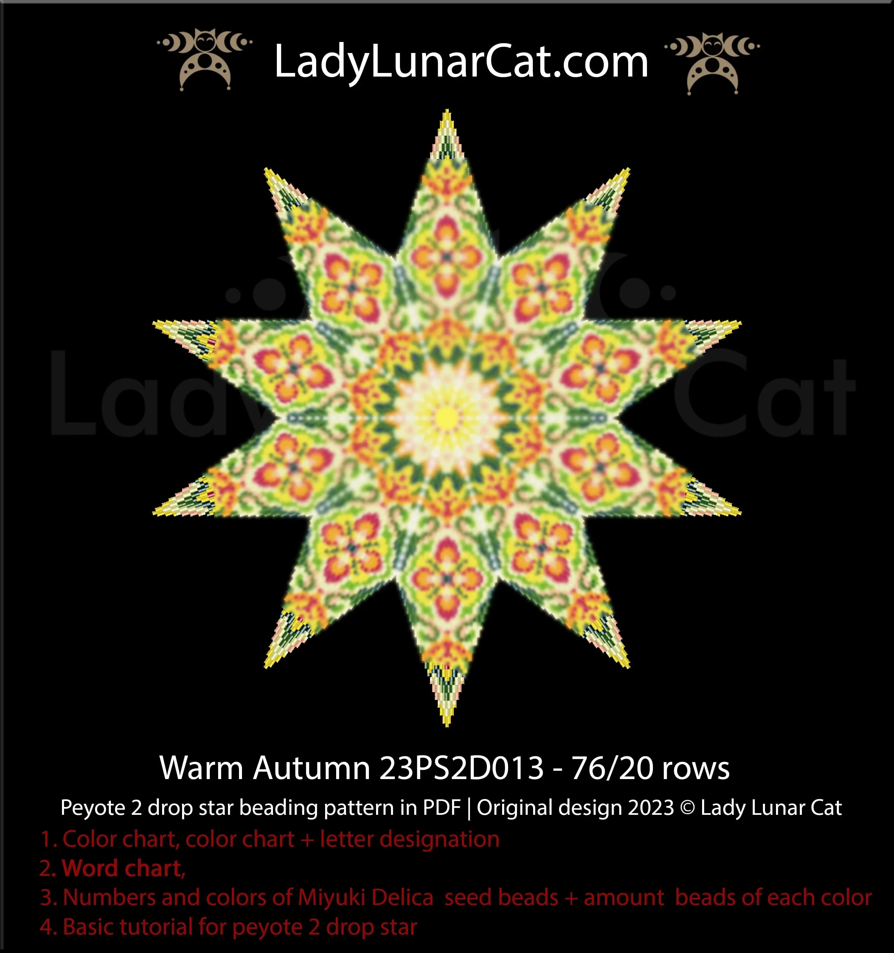 Warm Autumn peyote 2 drop star — bead legend with Miyuki Delica color codes and quantities, Lady Lunar Cat