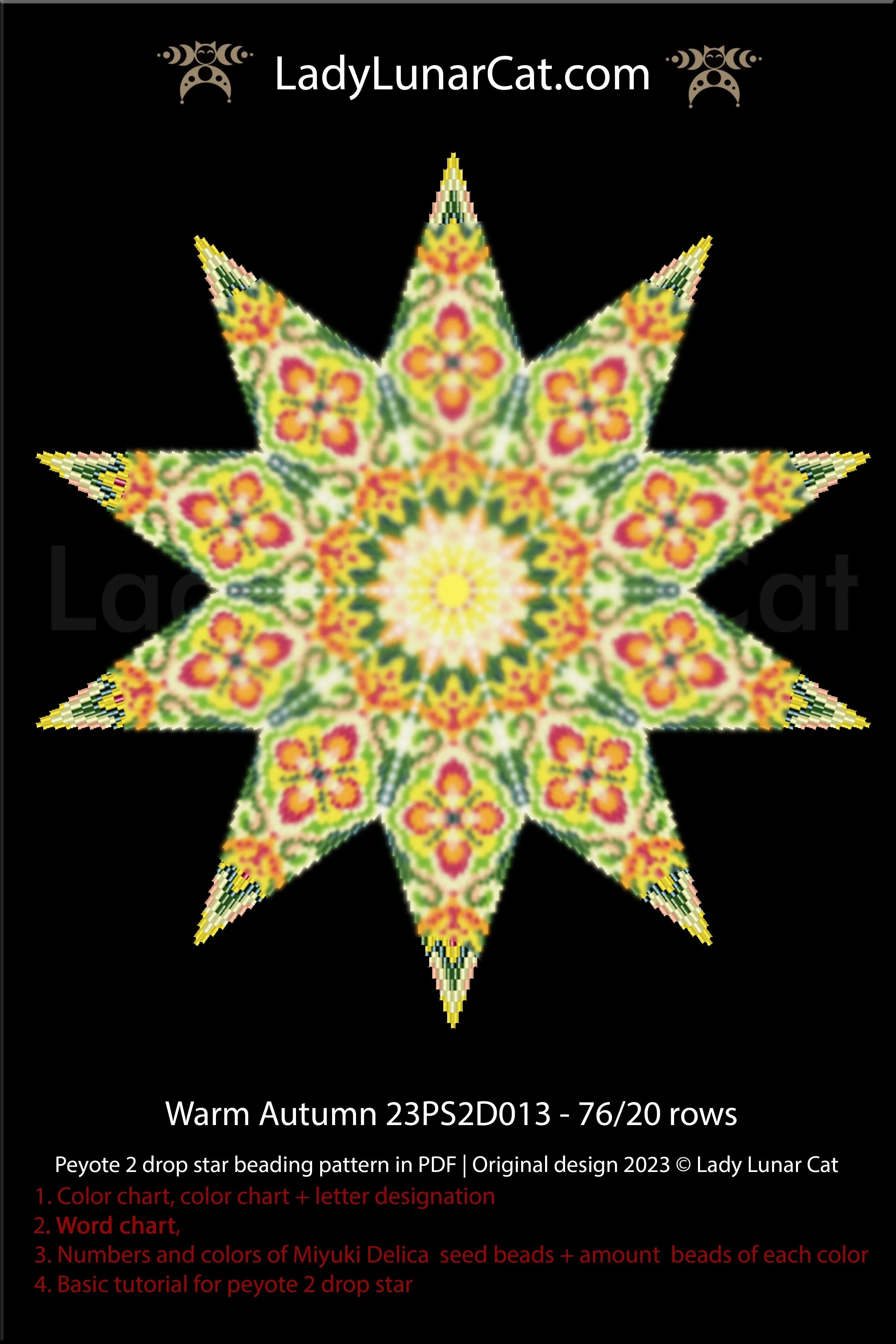 Warm Autumn peyote star — side view showing 3D structure and golden autumn tones, Lady Lunar Cat