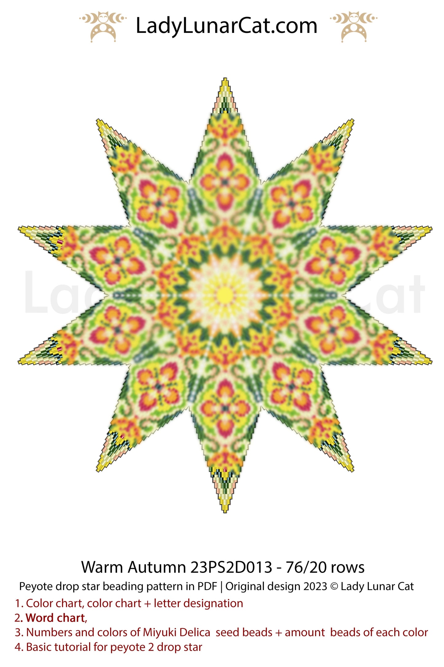 Peyote 2 drop star pattern for beading - Warm Autumn 23PS2D013 20 rows + Basic star 2 drop LadyLunarCat