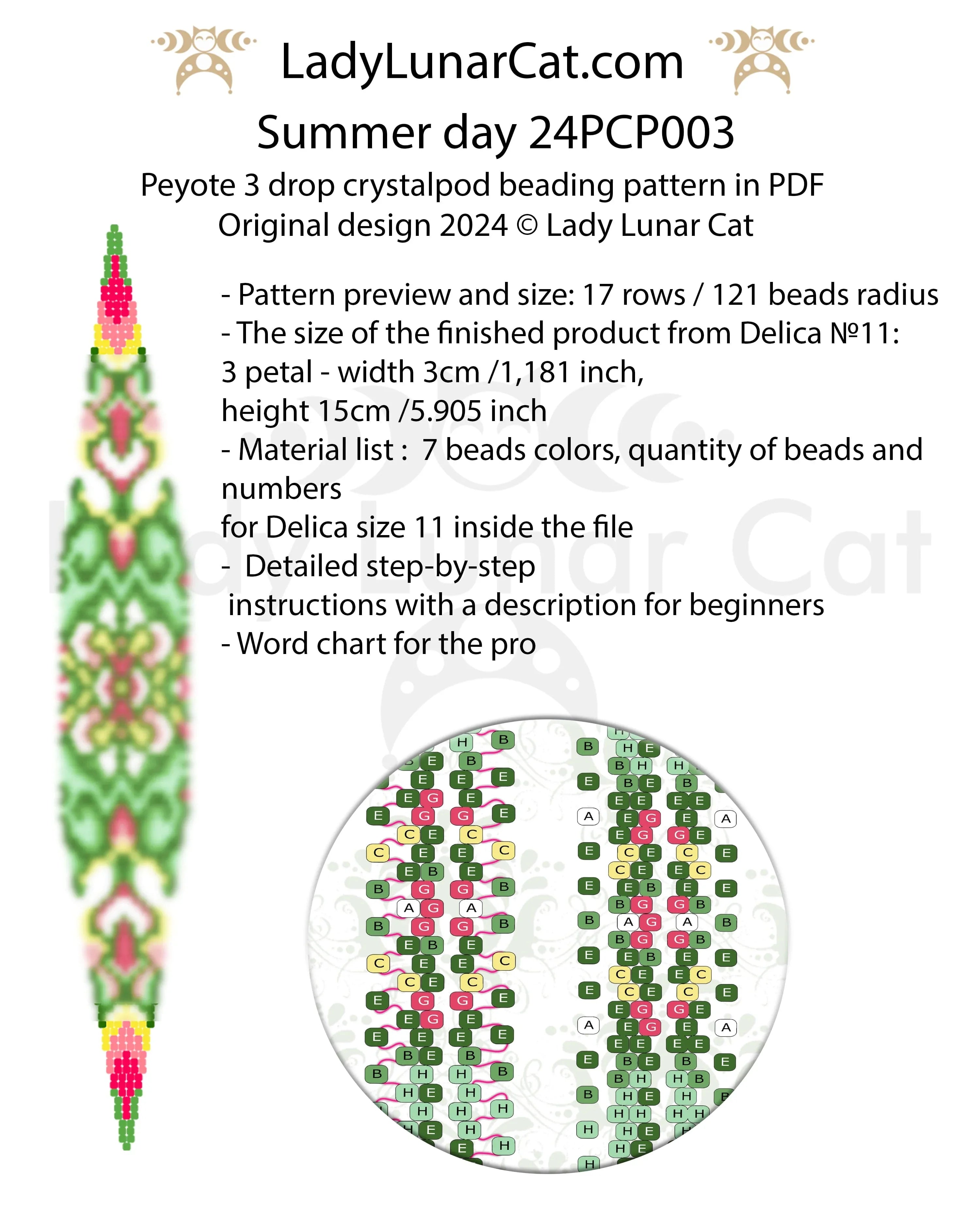 Summer Day crystalpod beading - peyote 3 drop pod 121 beads 7 colors PDF LadyLunarCat