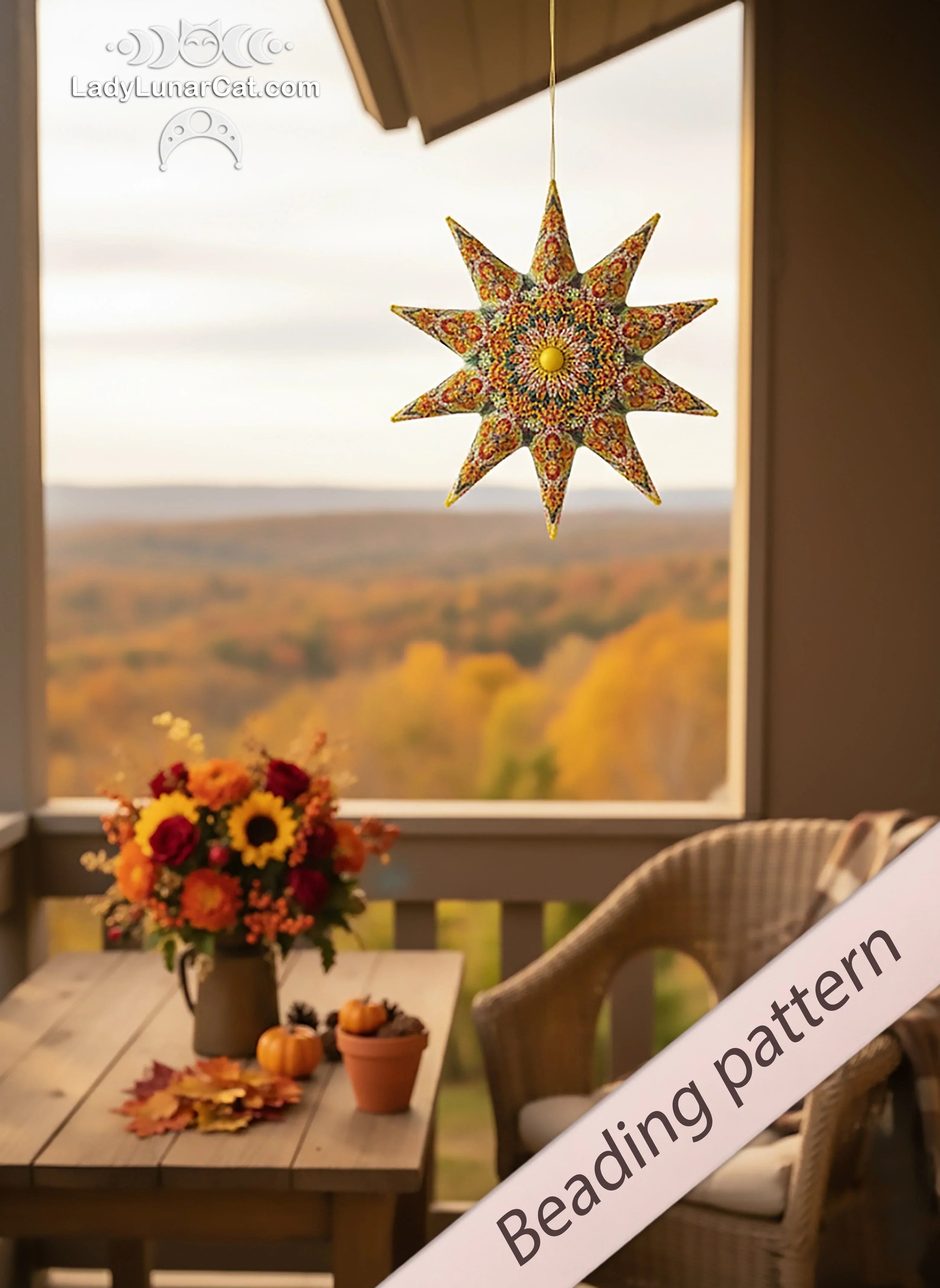 Warm Autumn peyote star — close-up detail of 10-ray 3D star construction, Lady Lunar Cat