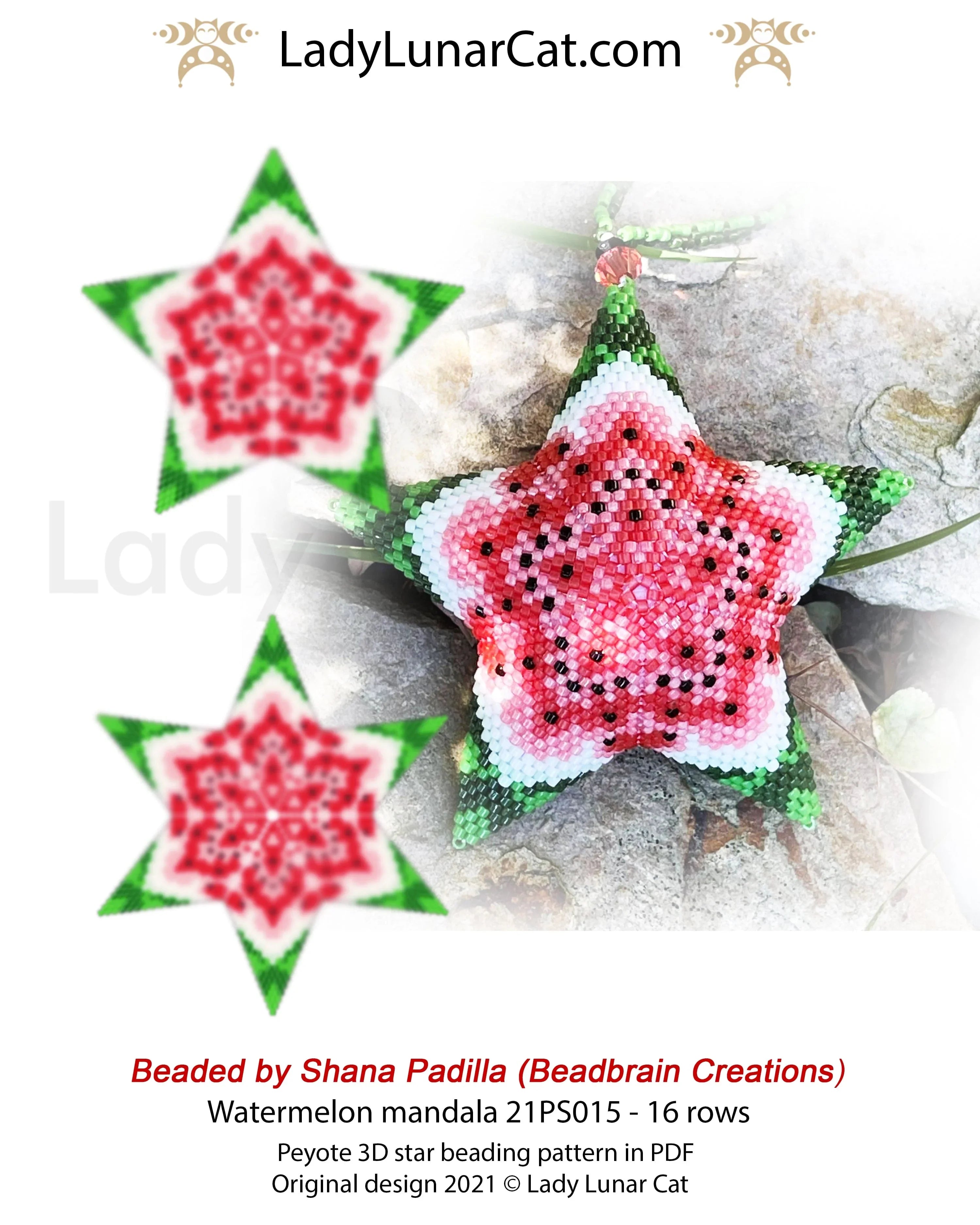 Watermelon mandala peyote star pattern PDF by Lady Lunar Cat — summer fruit 21PS015
