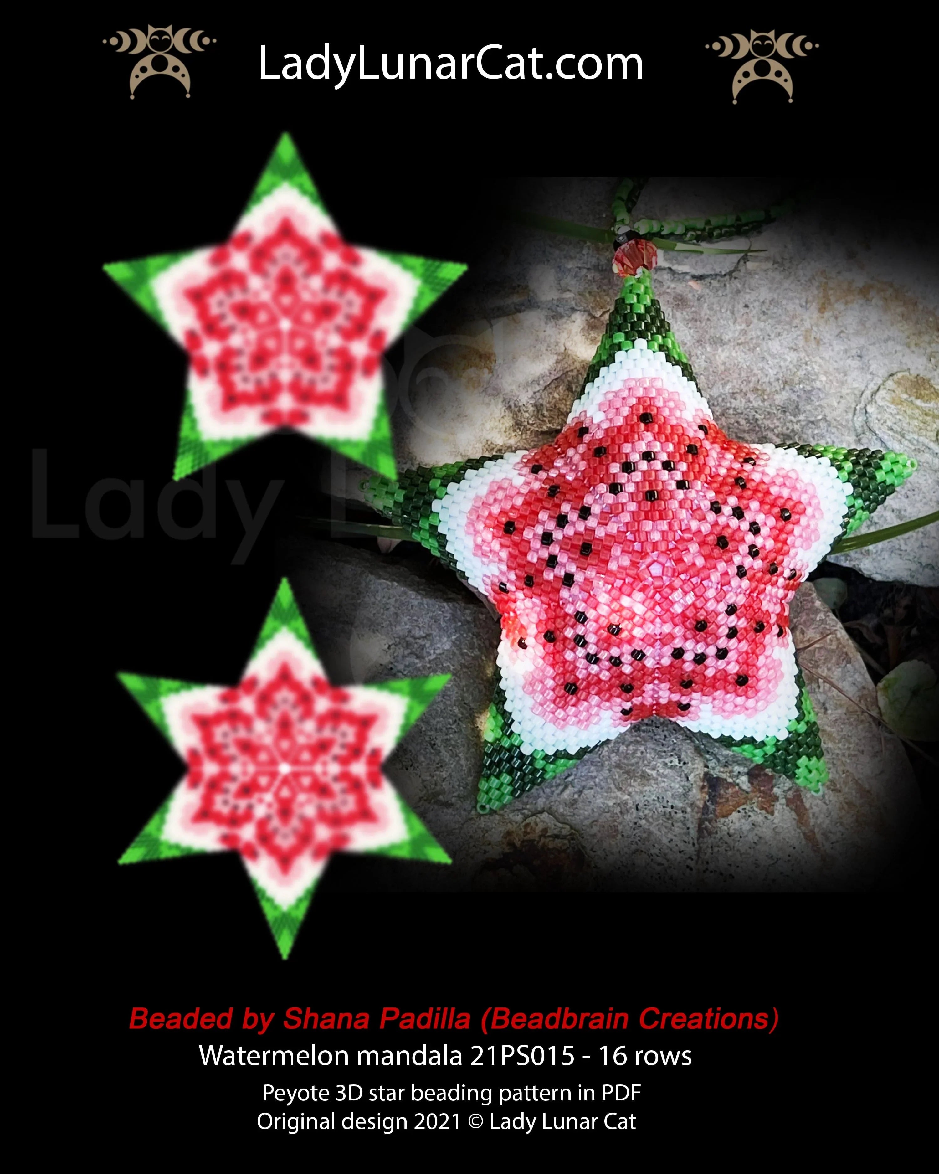 Watermelon mandala peyote star — 7 colors, 31-bead radius, summer fruit, Miyuki Delica 11/0