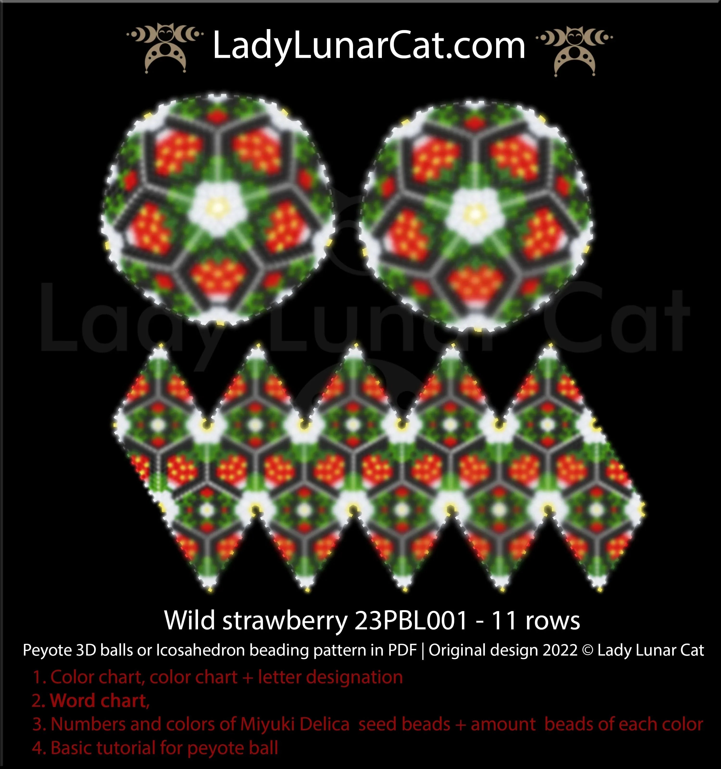 Wild Strawberry peyote 3D ball pattern - icosahedron 11 rows 7 colors PDF LadyLunarCat