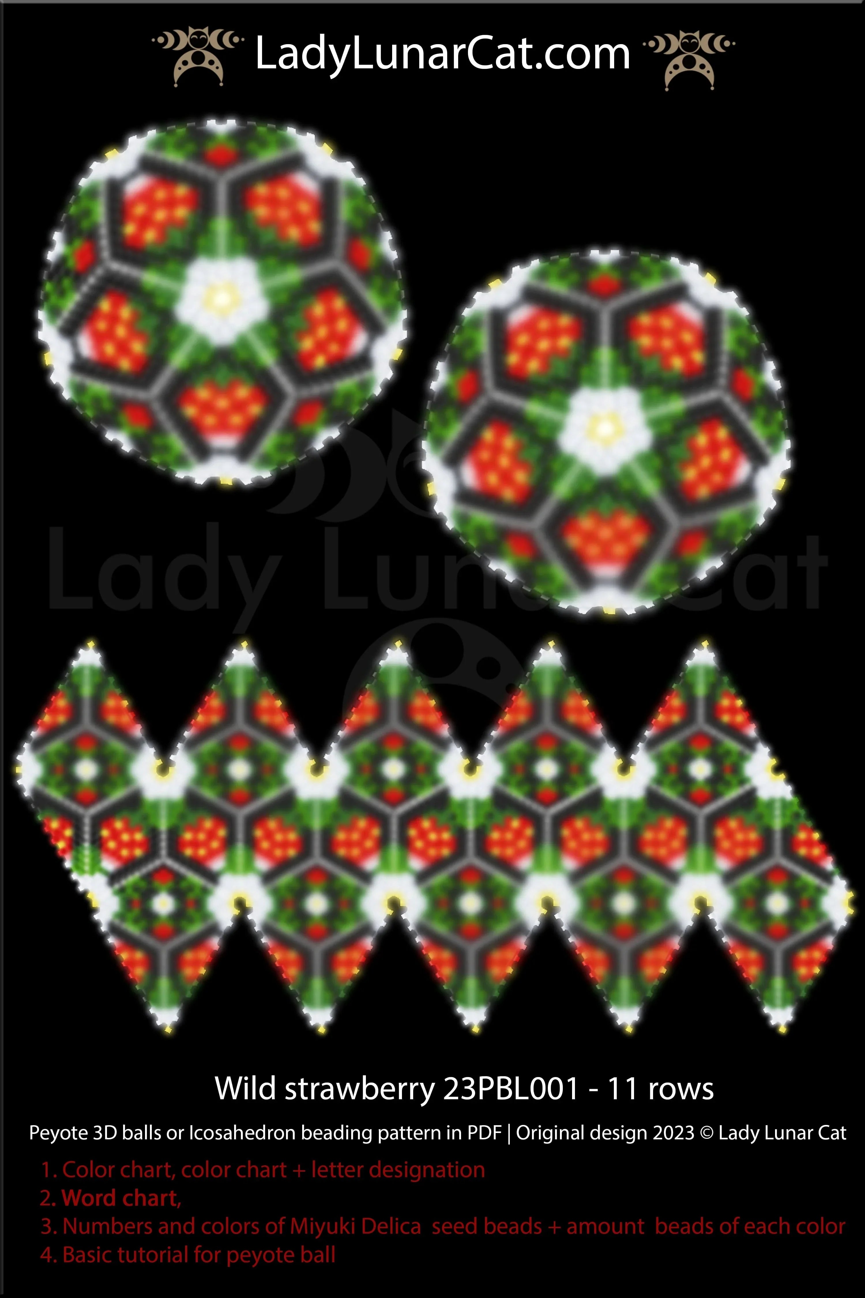 Wild Strawberry peyote icosahedron detail - 3D ball structure close up LadyLunarCat
