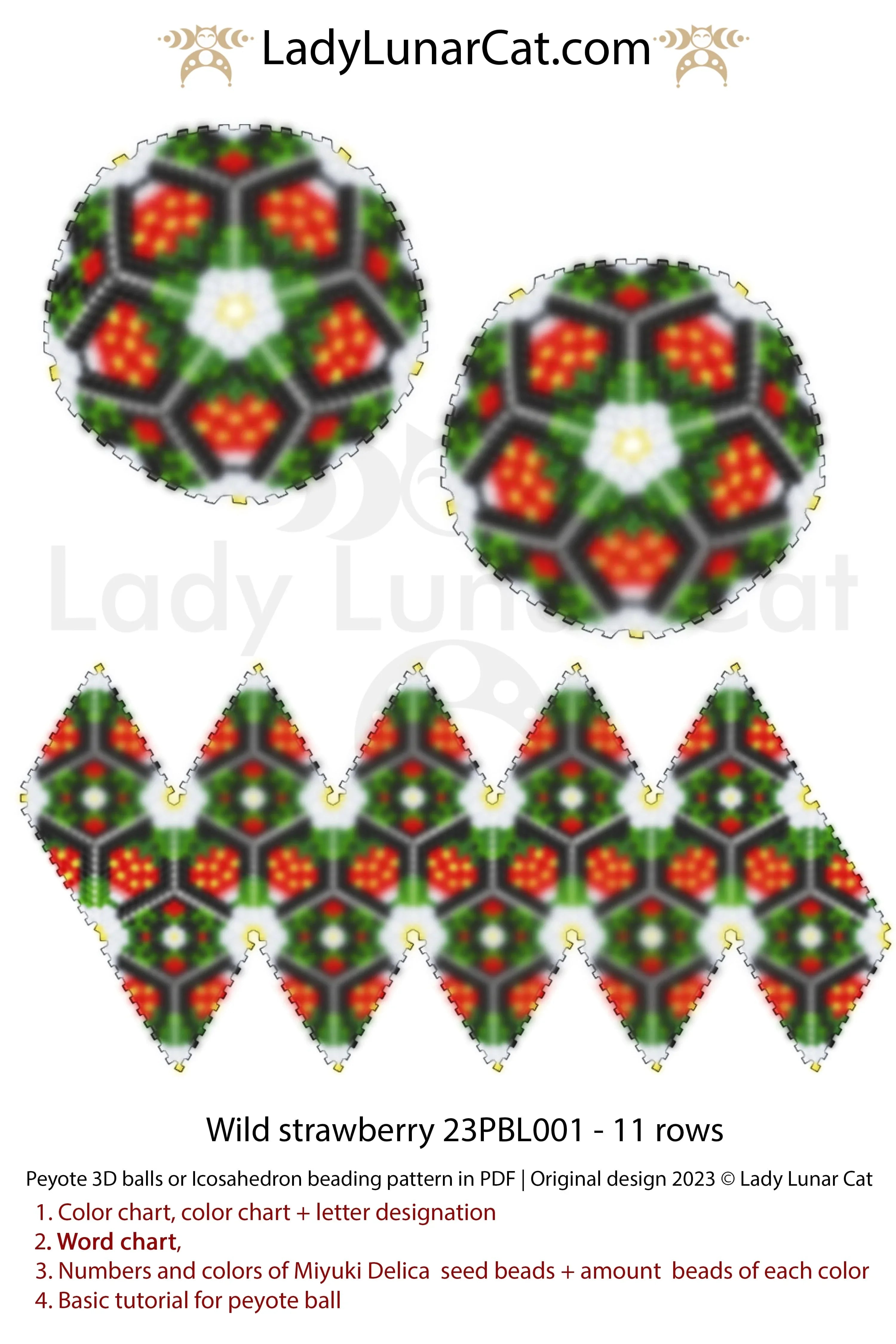 Wild Strawberry beaded ornament - summer fruit peyote ball instant download LadyLunarCat
