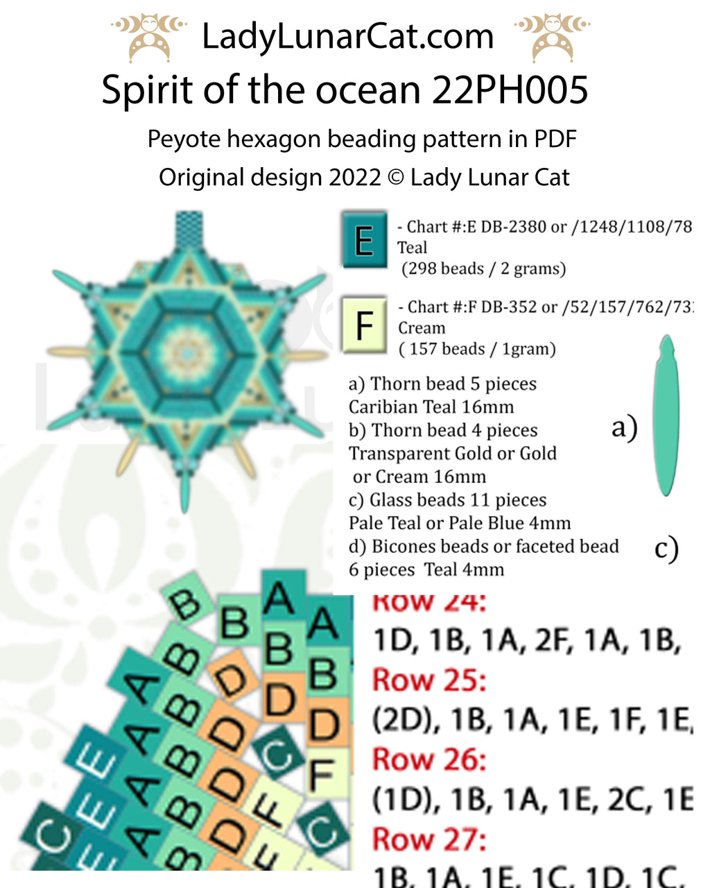 Spirit of the Ocean Peyote Hexagon Pattern, Mint Beading PDF 22PH005