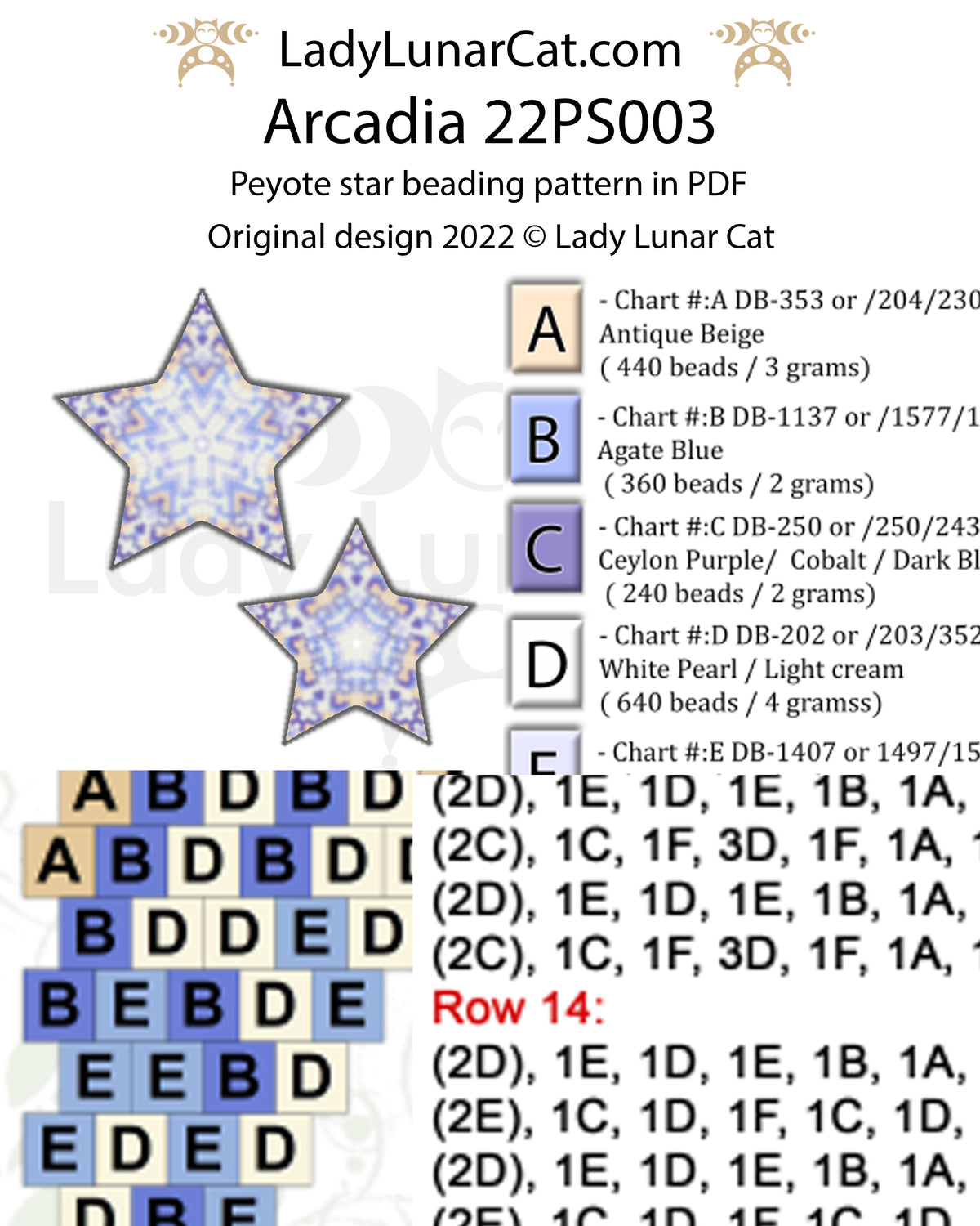 Arcadia Peyote Star Pattern, 2 Sizes Blue Hydrangea Beading PDF 22PS003
