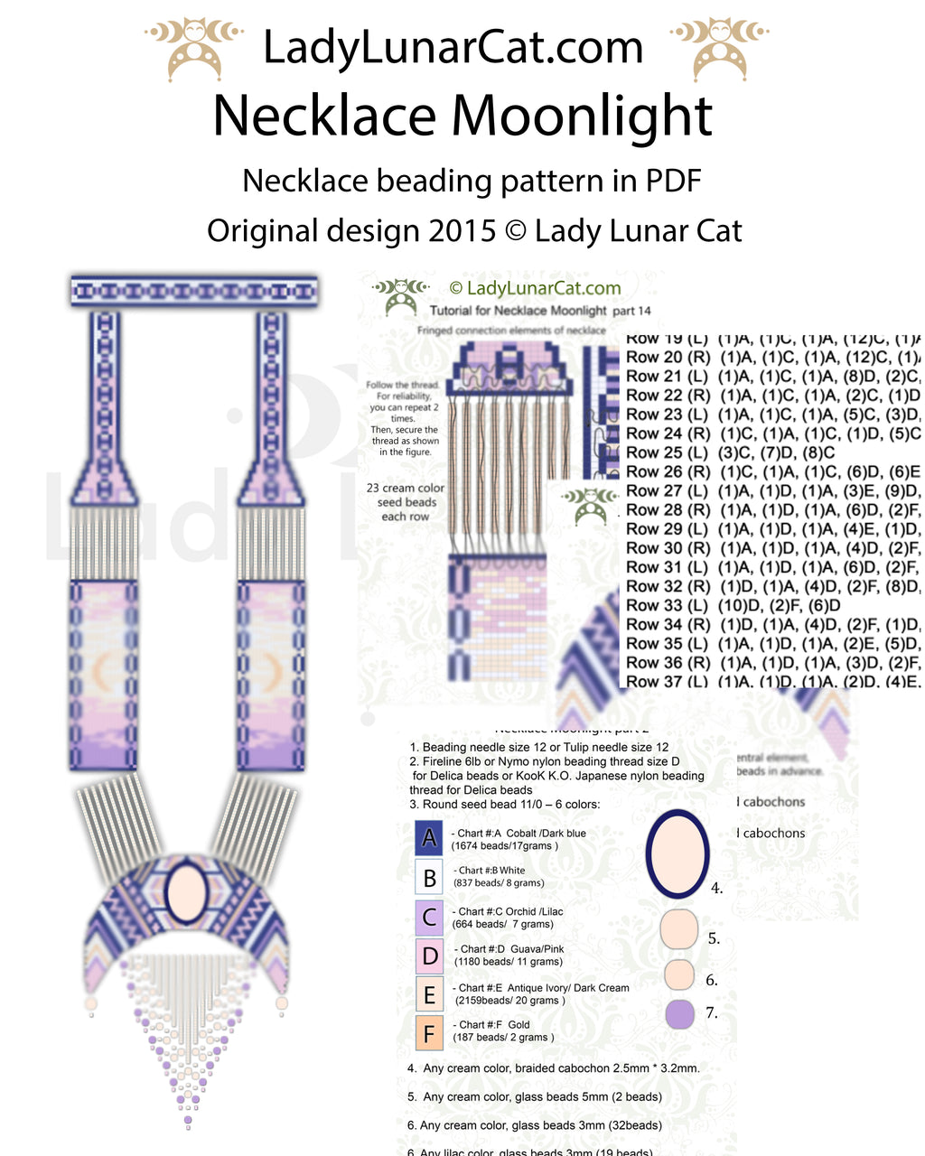 Moonlight PDF tutorial sample showing the necklace design, bead and component key, construction diagrams and row instructions.