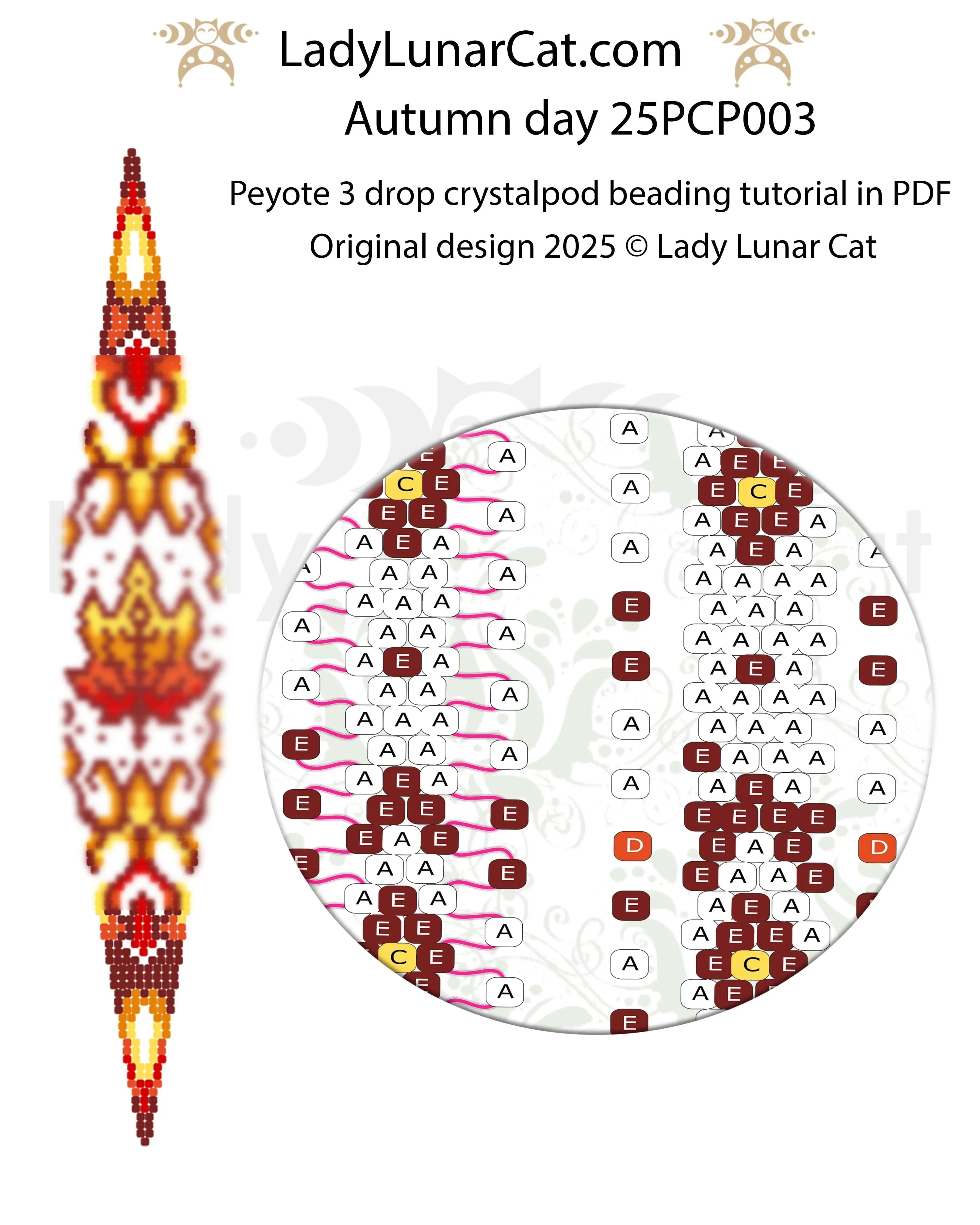 Peyote 3 drop pod pattern Autumn Day - leaf motif Miyuki Delica intermediate PDF LadyLunarCat