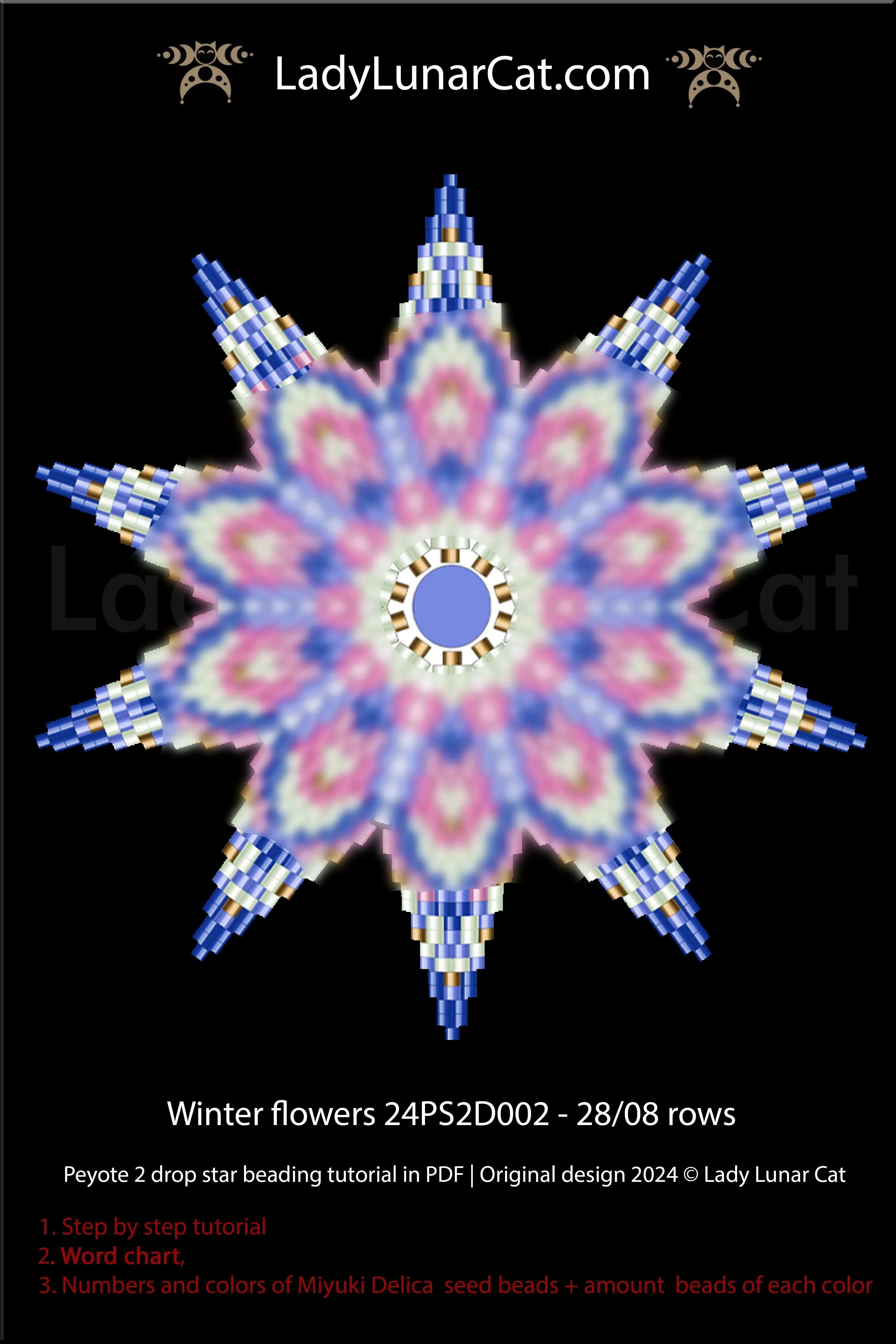 Winter beaded star ornament pattern - Winter Flower peyote beginner PDF LadyLunarCat