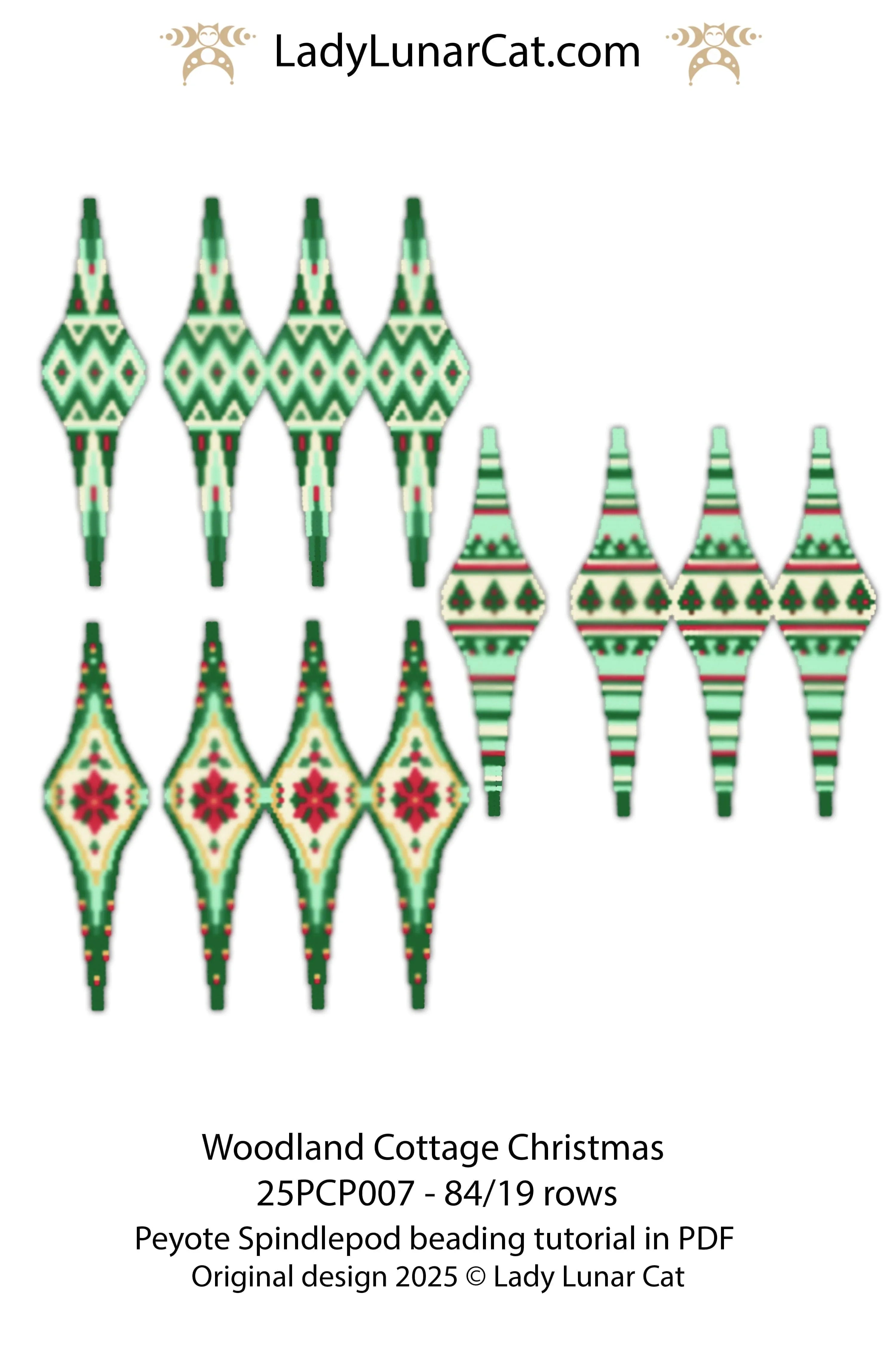 3D peyote spindlepod Christmas ornament - Woodland Cottage trio beading PDF LadyLunarCat