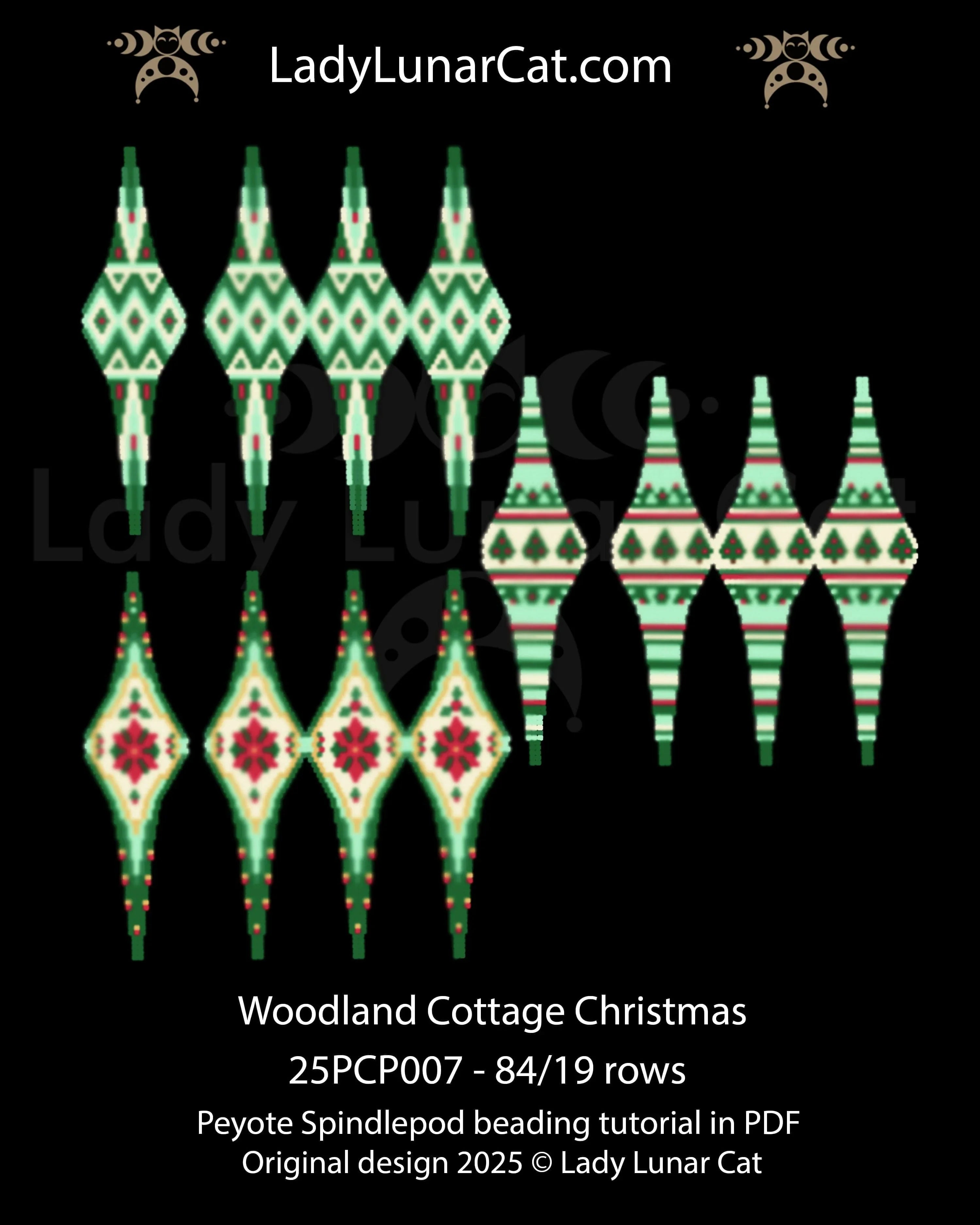 Woodland Cottage Christmas spindlepod trio - 3D peyote pod ornament set Nordic design LadyLunarCat