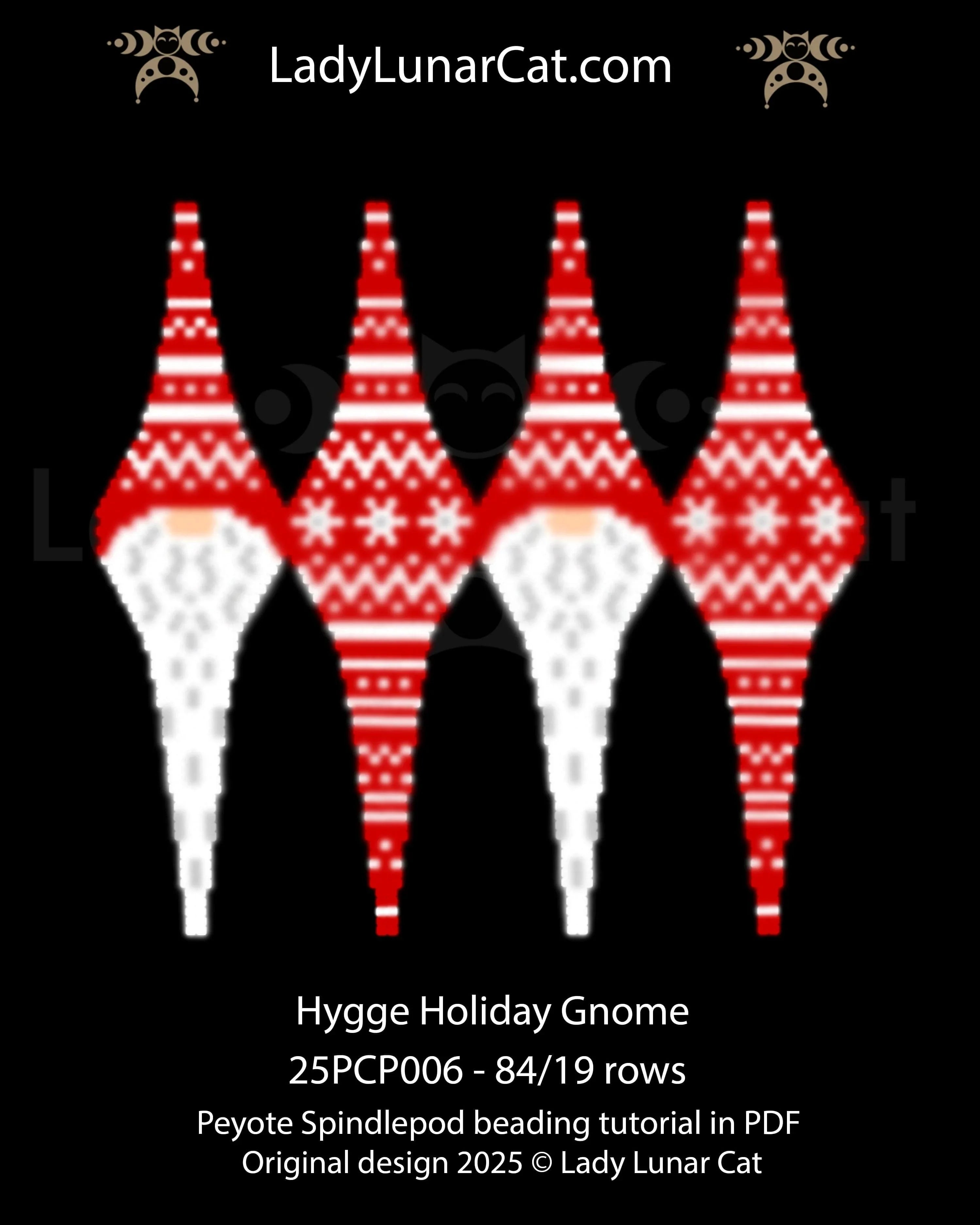 Hygge Holiday Gnome beaded spindlepod full view - 13 cm red white gnome design LadyLunarCat