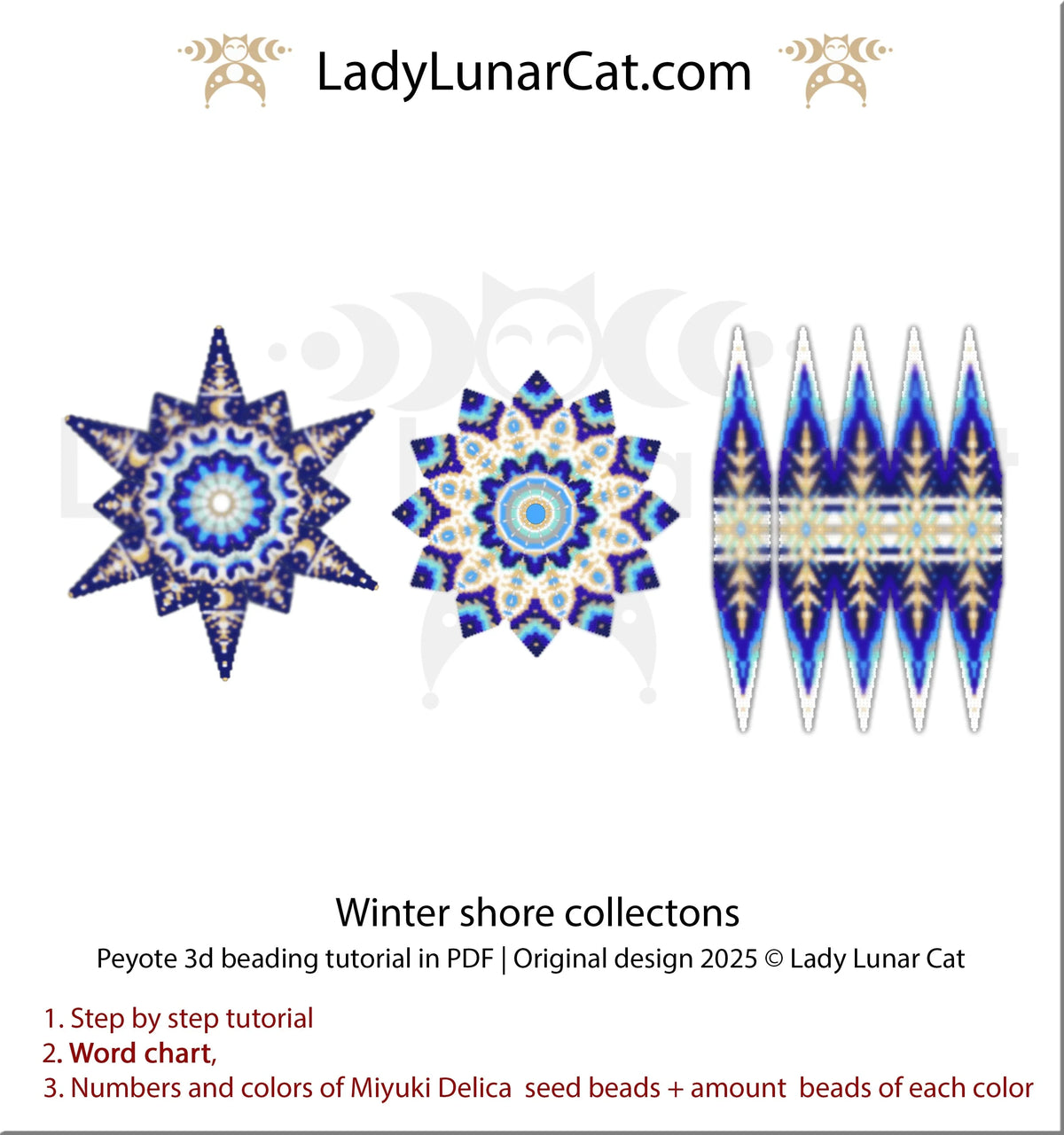 Winter Shore rosette ornament 25PS3D006 - peyote 3 drop 12cm star beading PDF LadyLunarCat