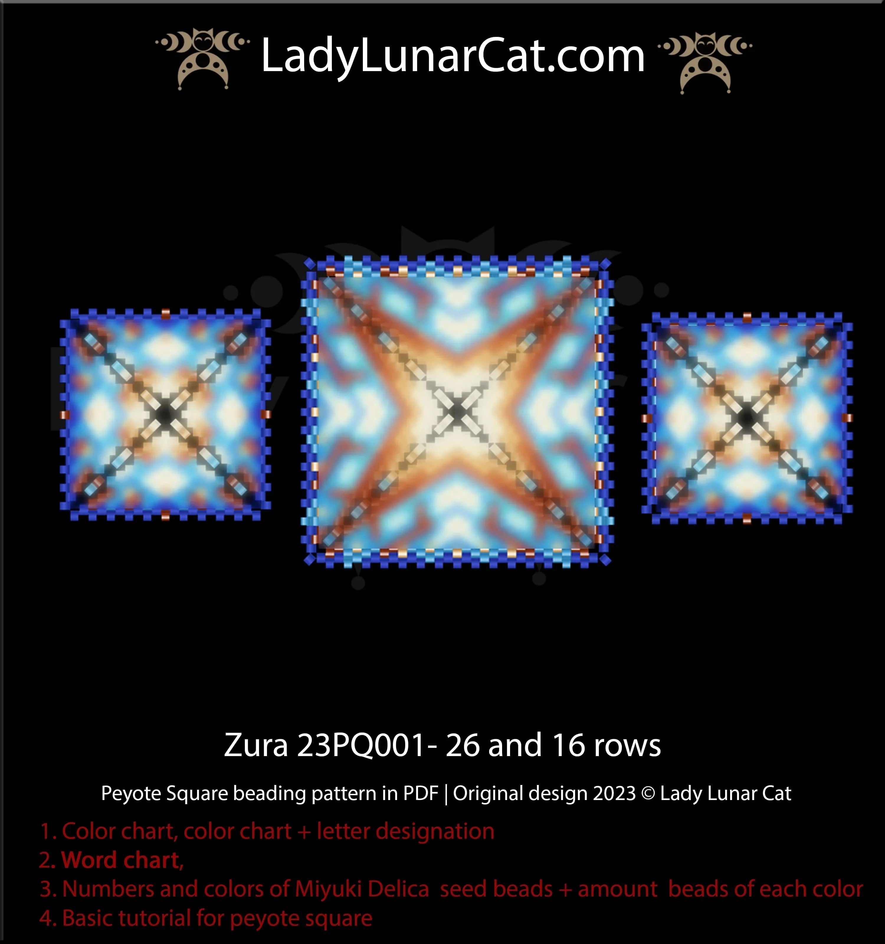 Zura peyote square pattern - 2 sizes blue celestial 7 colors intermediate PDF LadyLunarCat