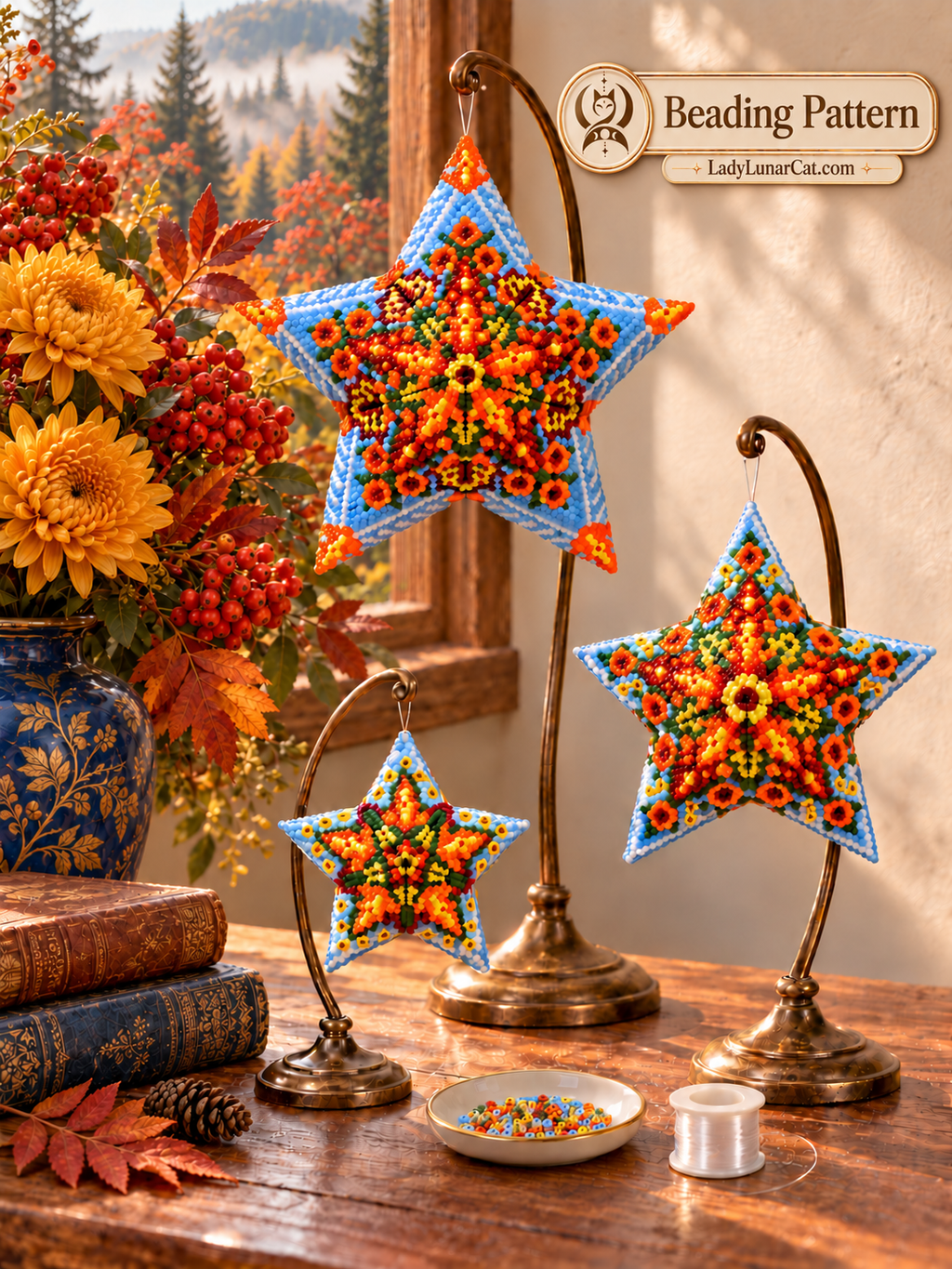 Hello October pattern preview with three sizes of blue-edged beaded stars with orange and yellow floral motifs on display stands.