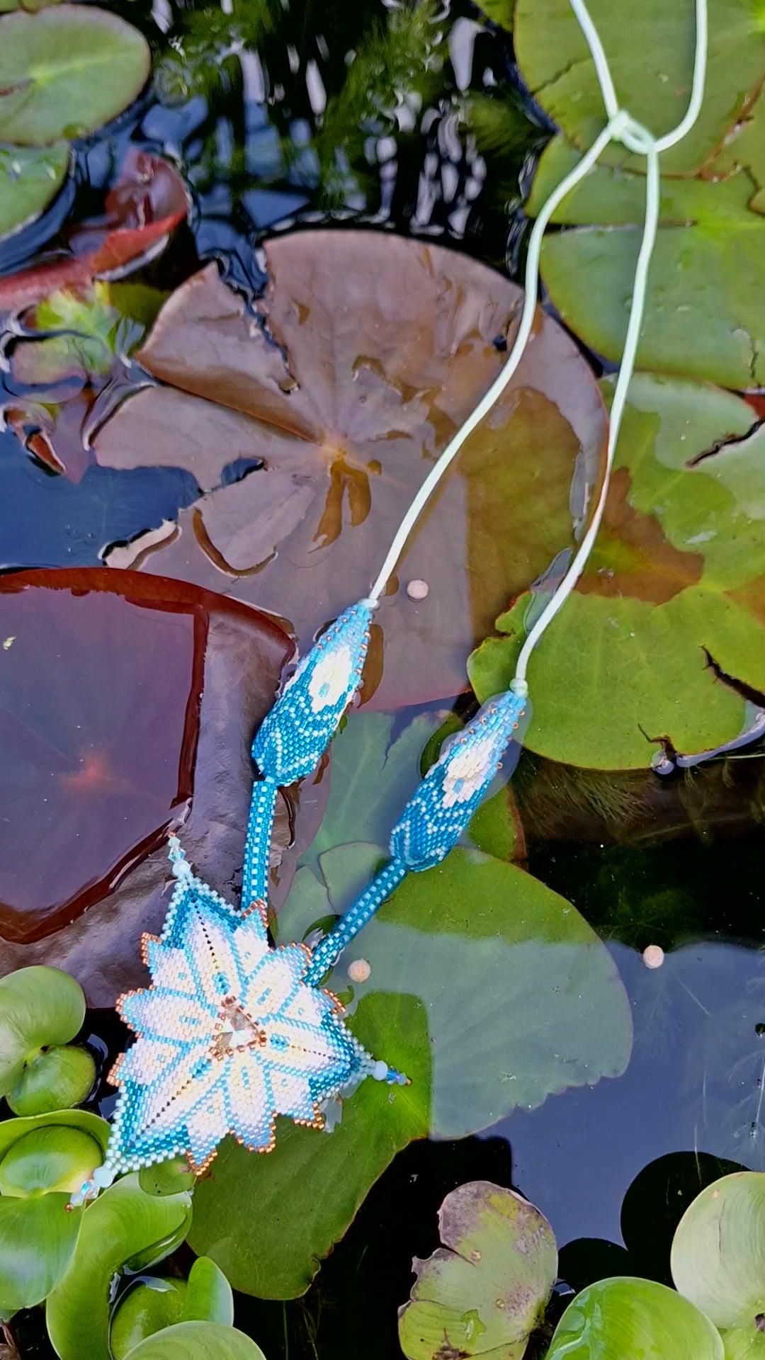 Blue Lotus beaded necklace tutorial video — peyote herringbone stitch PDF pattern by Lady Lunar Cat