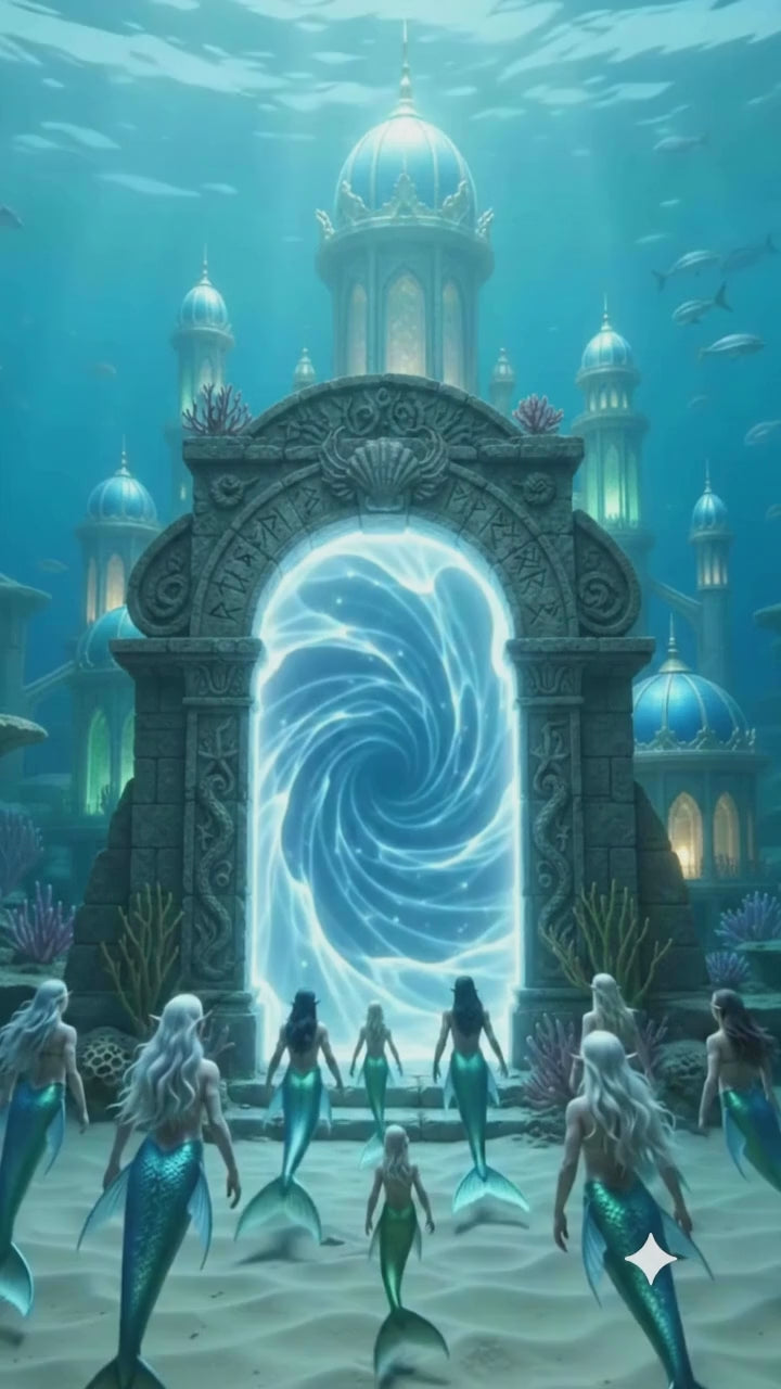 Three blue-and-gold crystalpod designs displayed on gold stands in a sunlit underwater palace setting.
