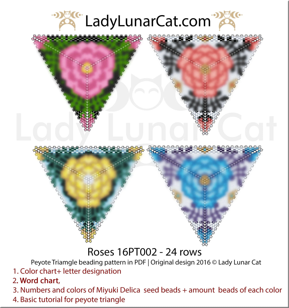 Floral peyote triangle beading pattern — roses, 4 color versions, Miyuki Delica 11/0