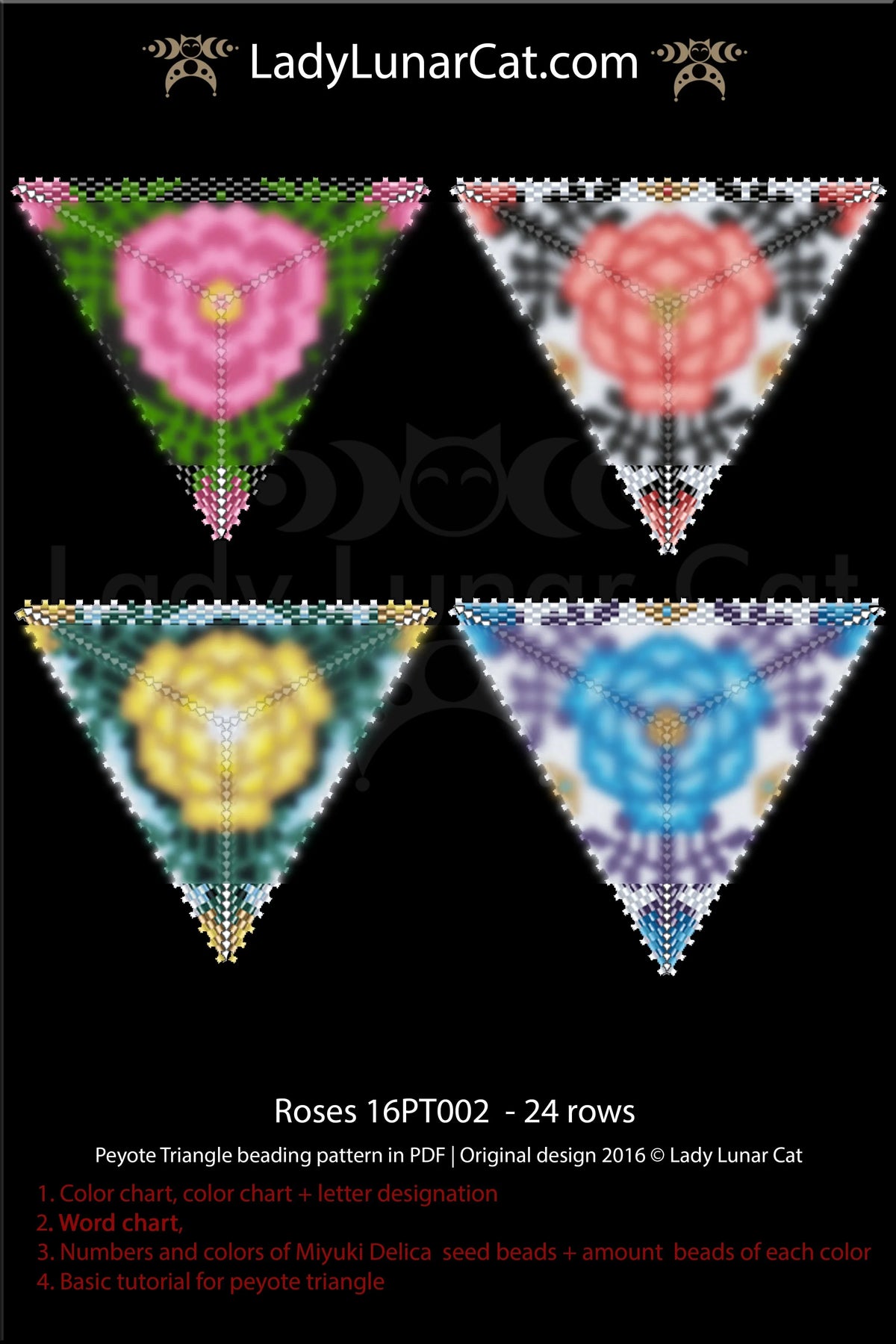 Beaded rose triangle pendant — peyote stitch tutorial PDF, hard difficulty