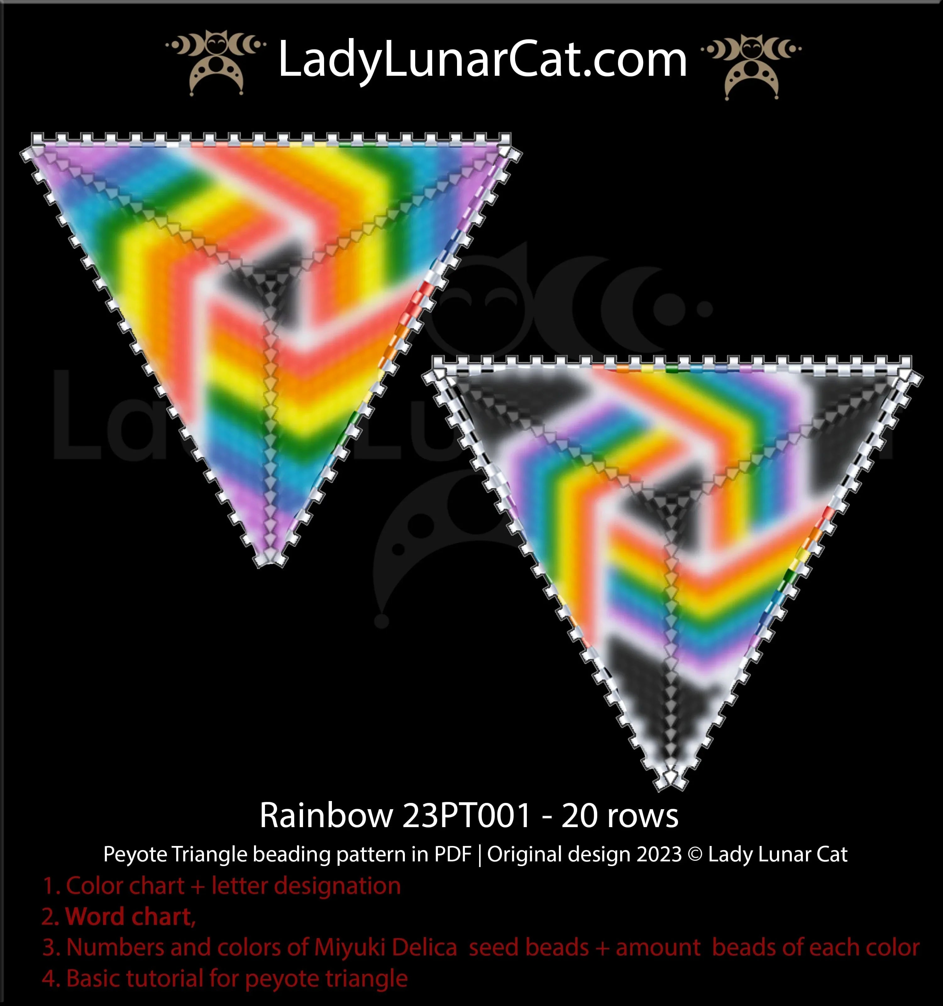 Rainbow peyote triangle earrings — 2 versions, 9 colors each, Miyuki Delica 11/0