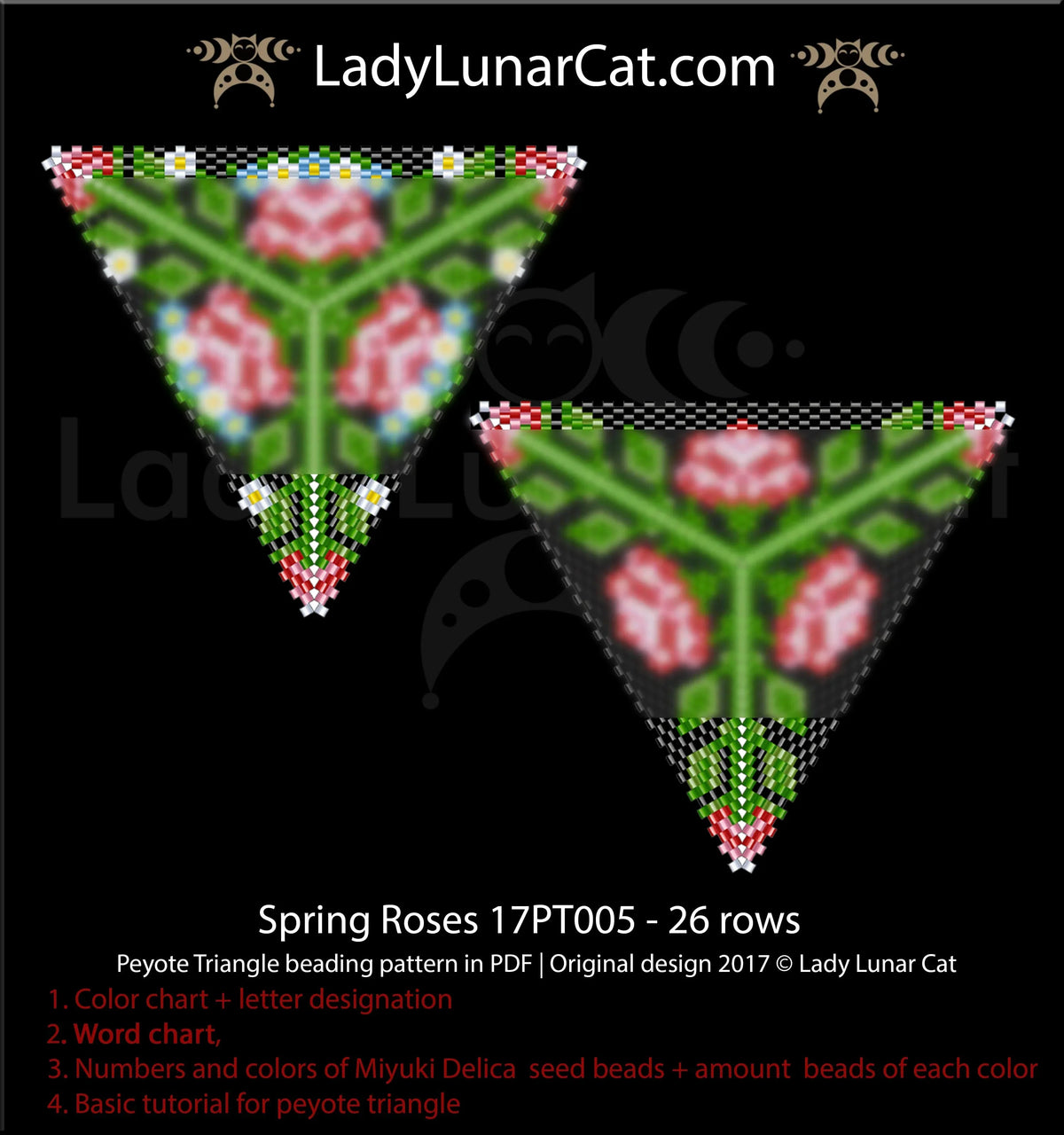 Spring roses peyote triangle beading pattern — 2 color versions, Miyuki Delica 11/0
