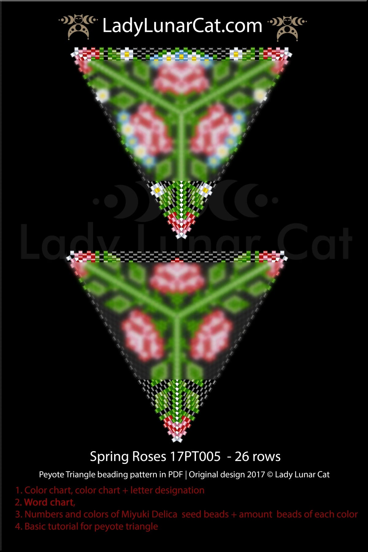 Beaded spring rose triangle pendant — peyote stitch tutorial PDF, professional level