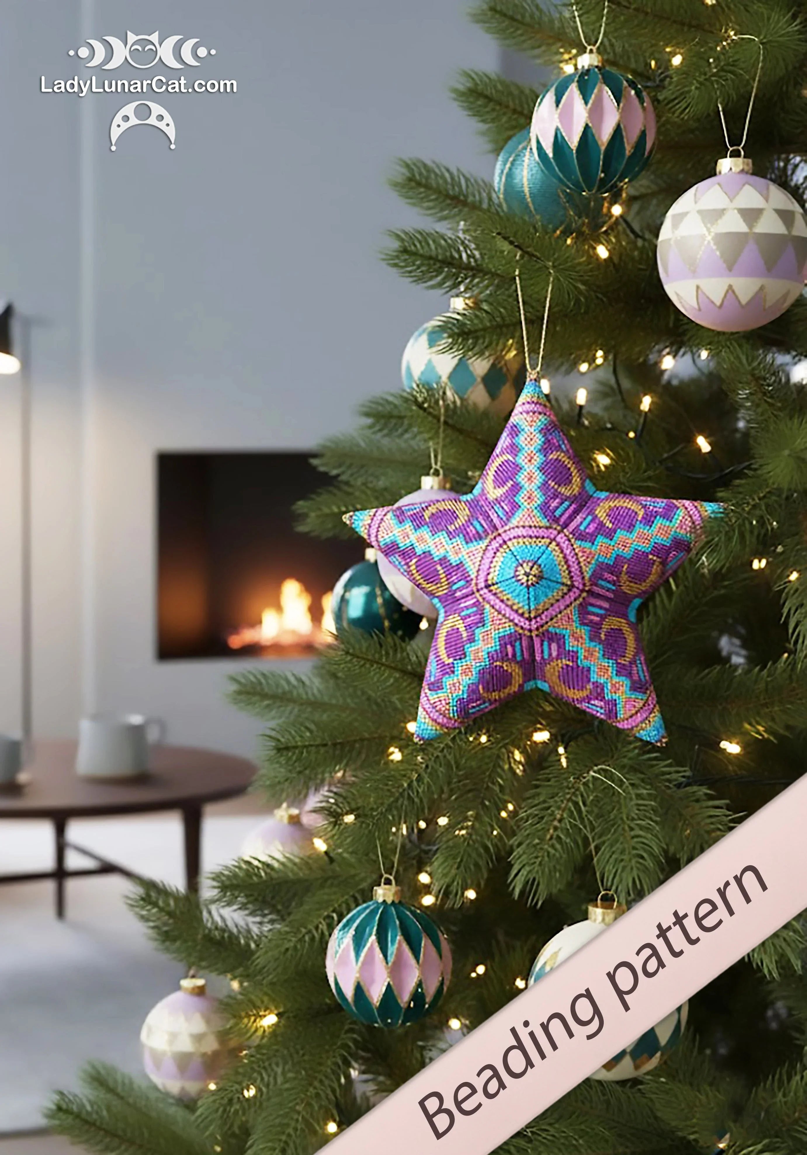 Crescent moon peyote star pattern PDF by Lady Lunar Cat — 2 sizes celestial 18PS023