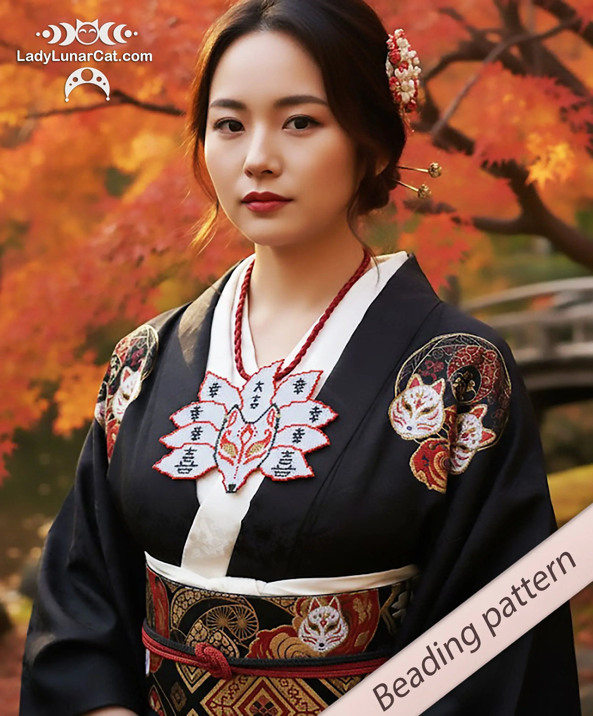 Kitsune beaded fox colorway 2 - oriental folklore brick stitch design LadyLunarCat