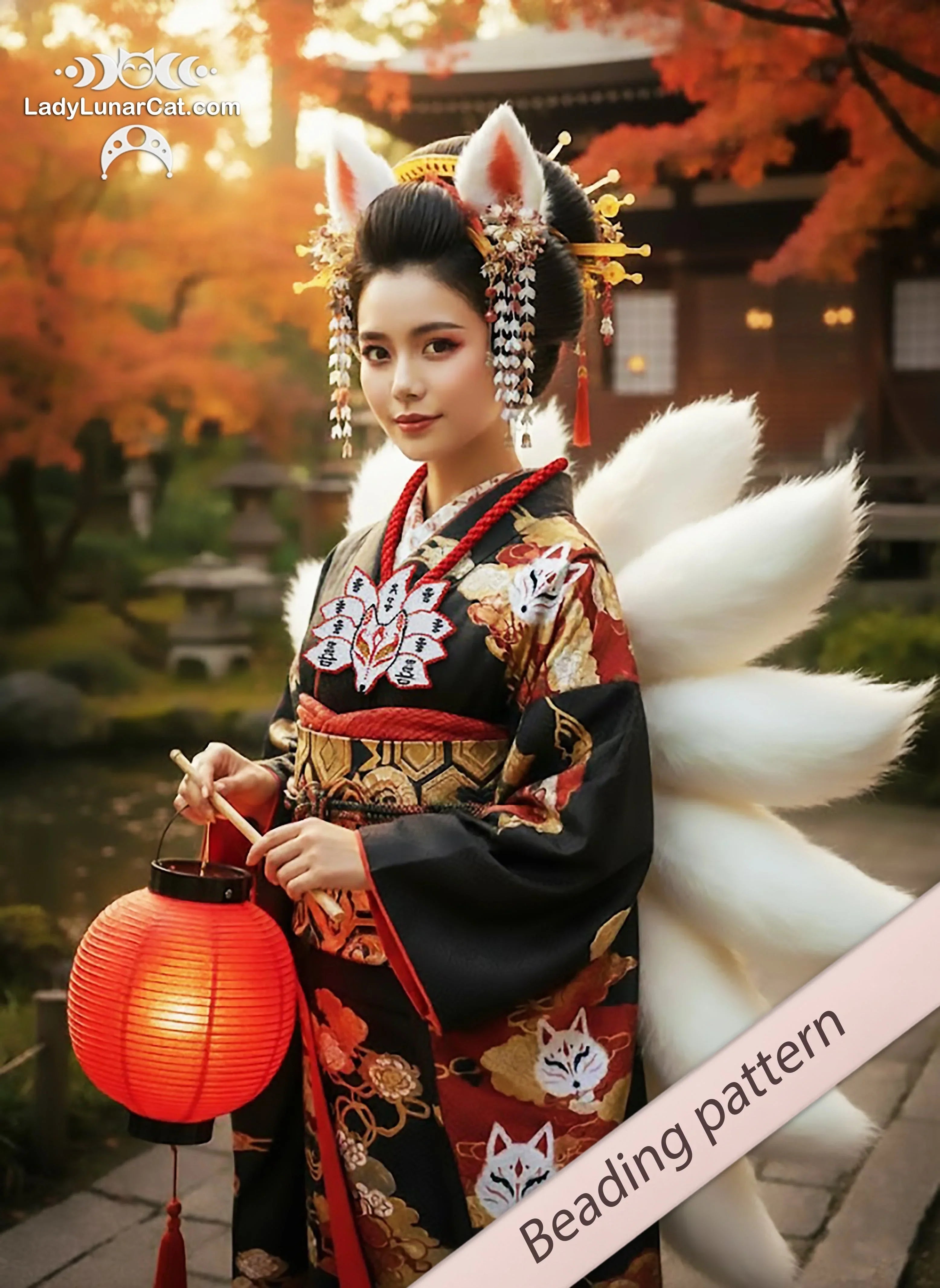 Kitsune nine-tailed fox beaded pendant - japanese folklore anime design LadyLunarCat
