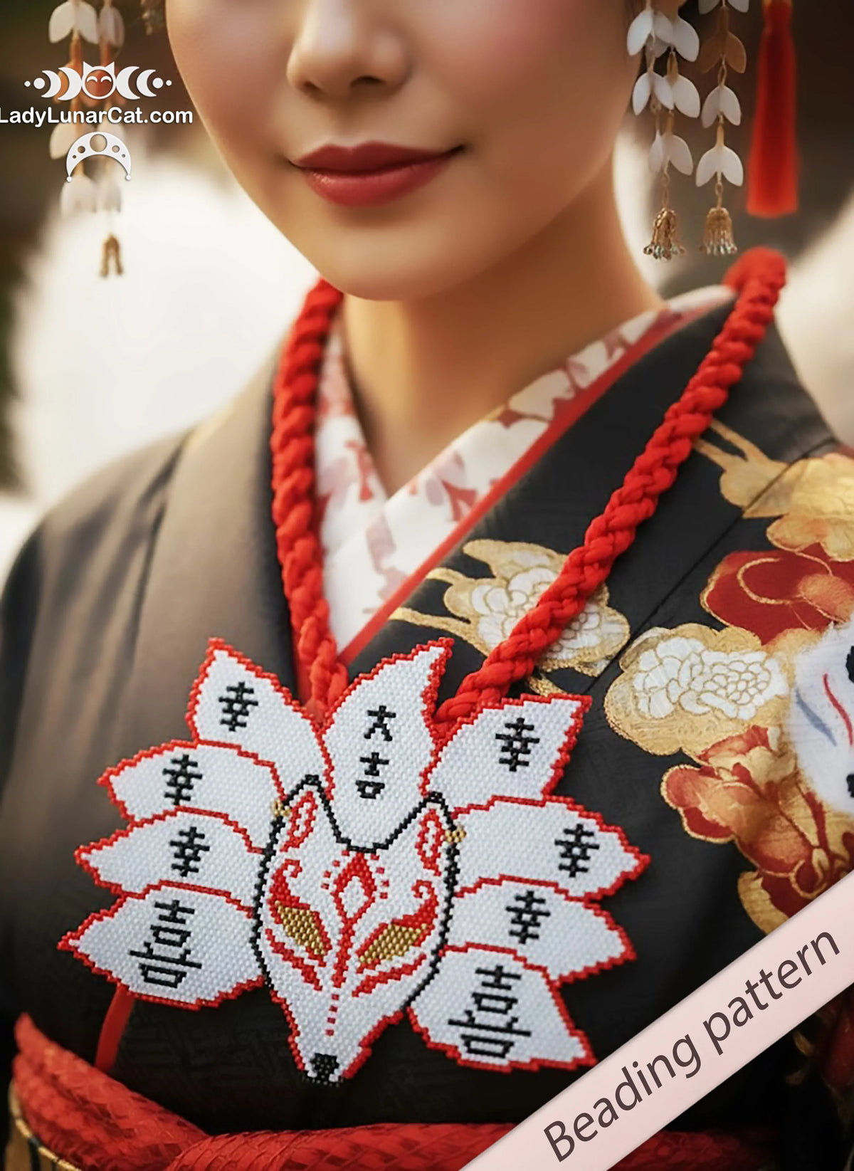 Kitsune nine-tailed fox brick stitch pattern - intermediate earring pendant PDF LadyLunarCat