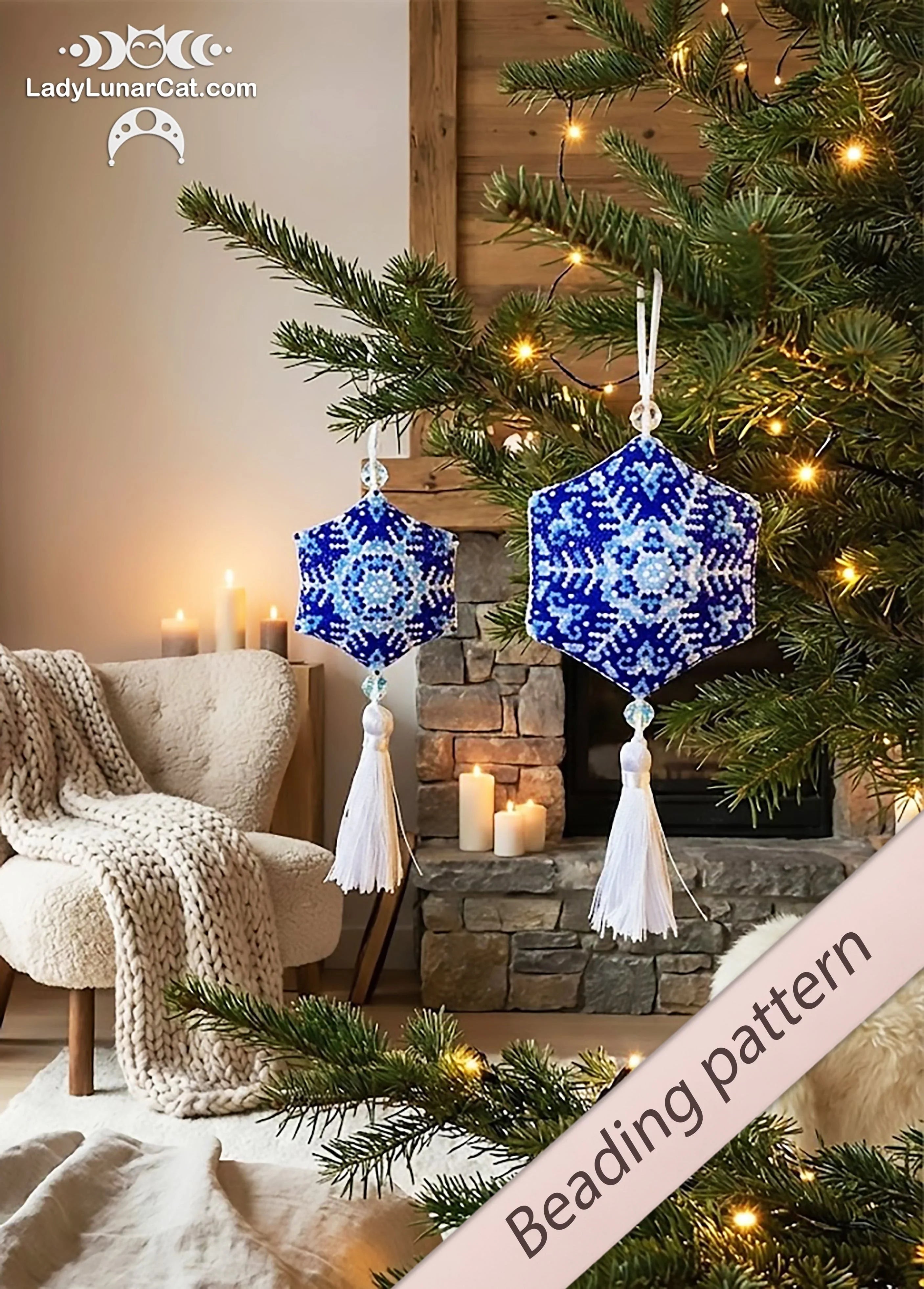 Blue snowflake peyote hexagon by Lady Lunar Cat — Christmas pendant earrings ornament beading PDF 17PH005