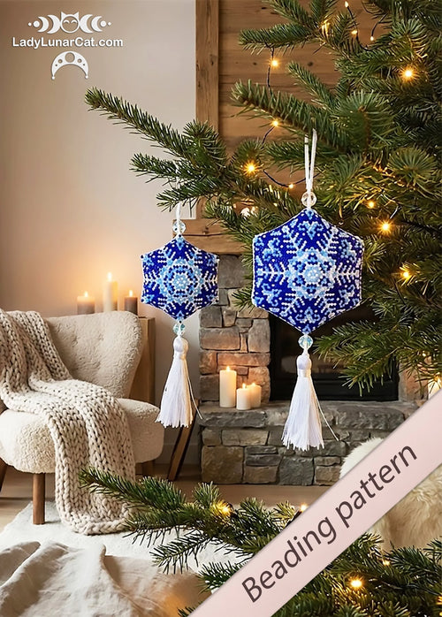 Blue snowflake peyote hexagon by Lady Lunar Cat — Christmas pendant earrings ornament beading PDF 17PH005