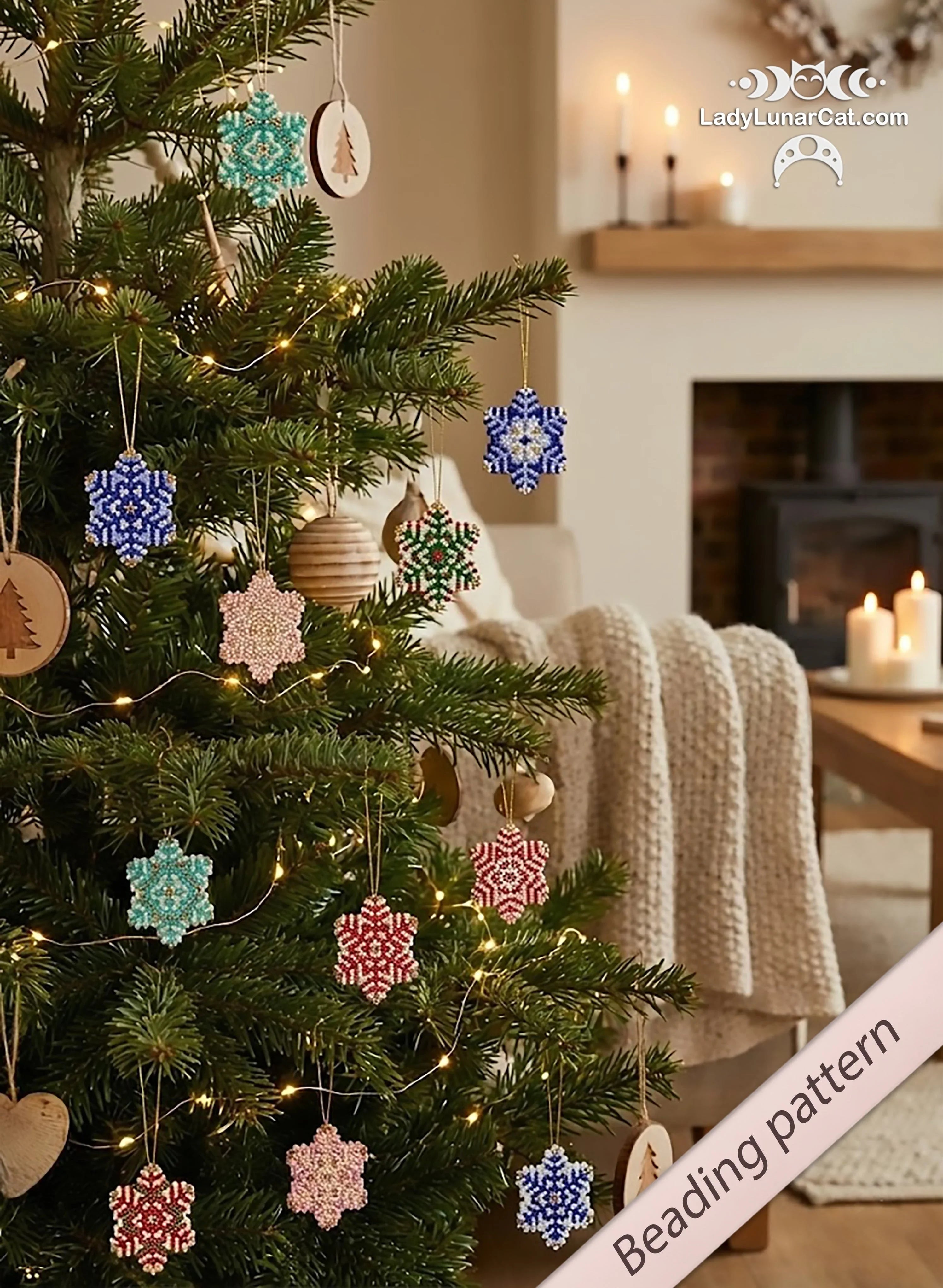 Snowflake brick stitch earrings pattern by Lady Lunar Cat — 12 designs Christmas beading PDF 16P007