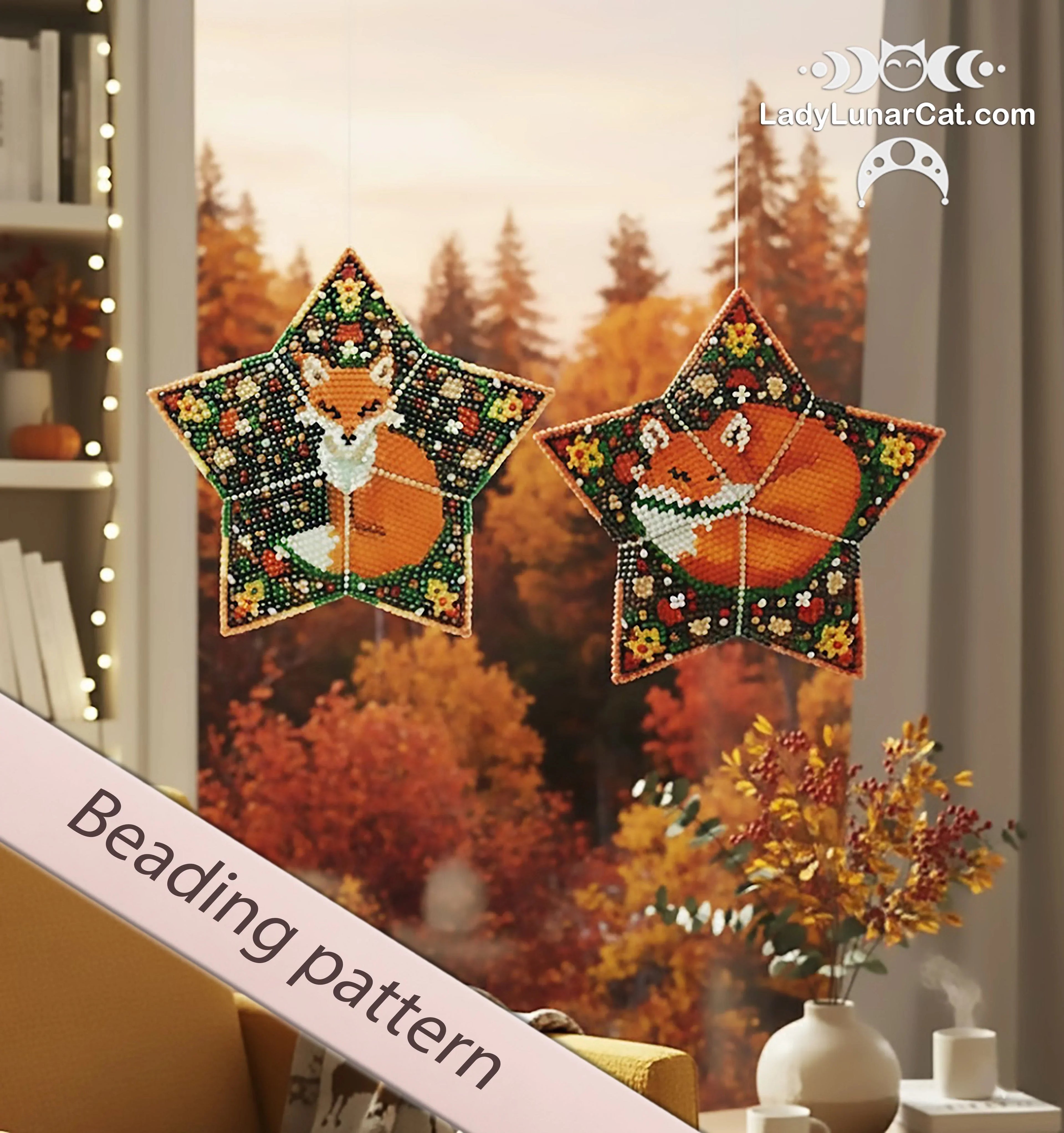 Autumn Fox 3D peyote star pattern - double-sided beaded christmas ornament advanced PDF LadyLunarCat