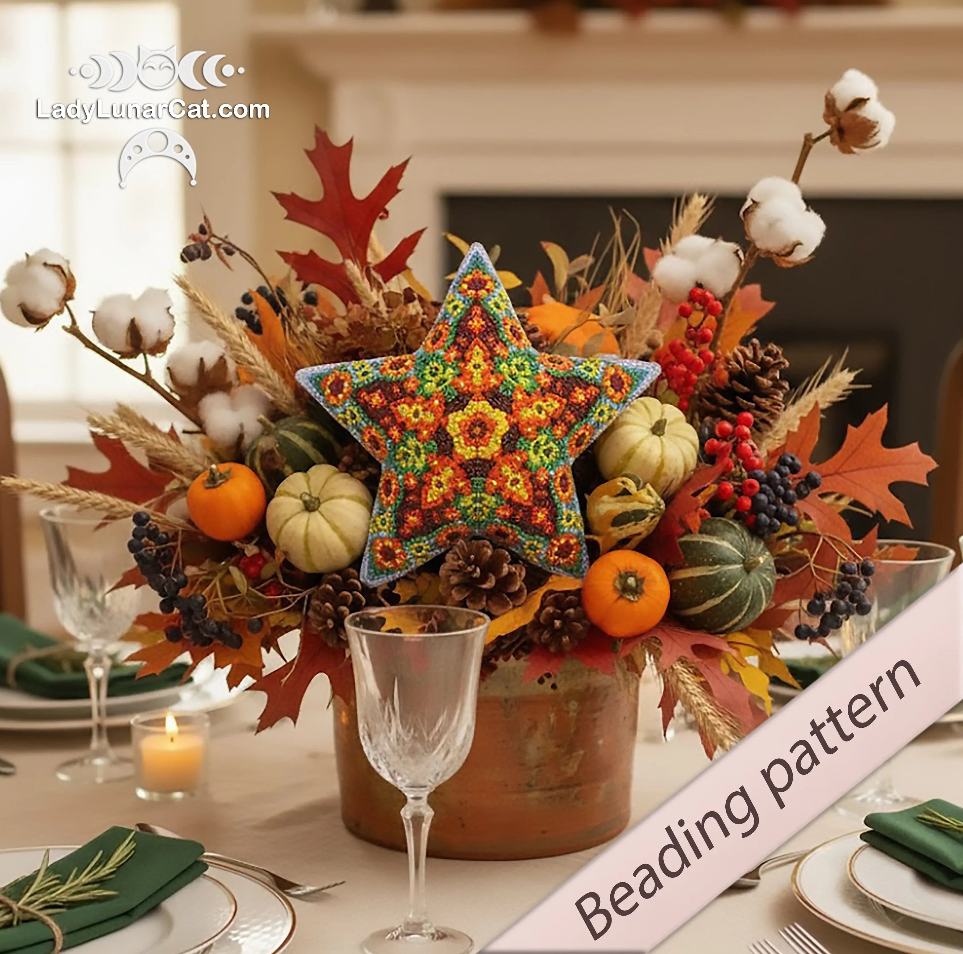 Hello October peyote star pattern PDF by Lady Lunar Cat — 3 sizes autumn