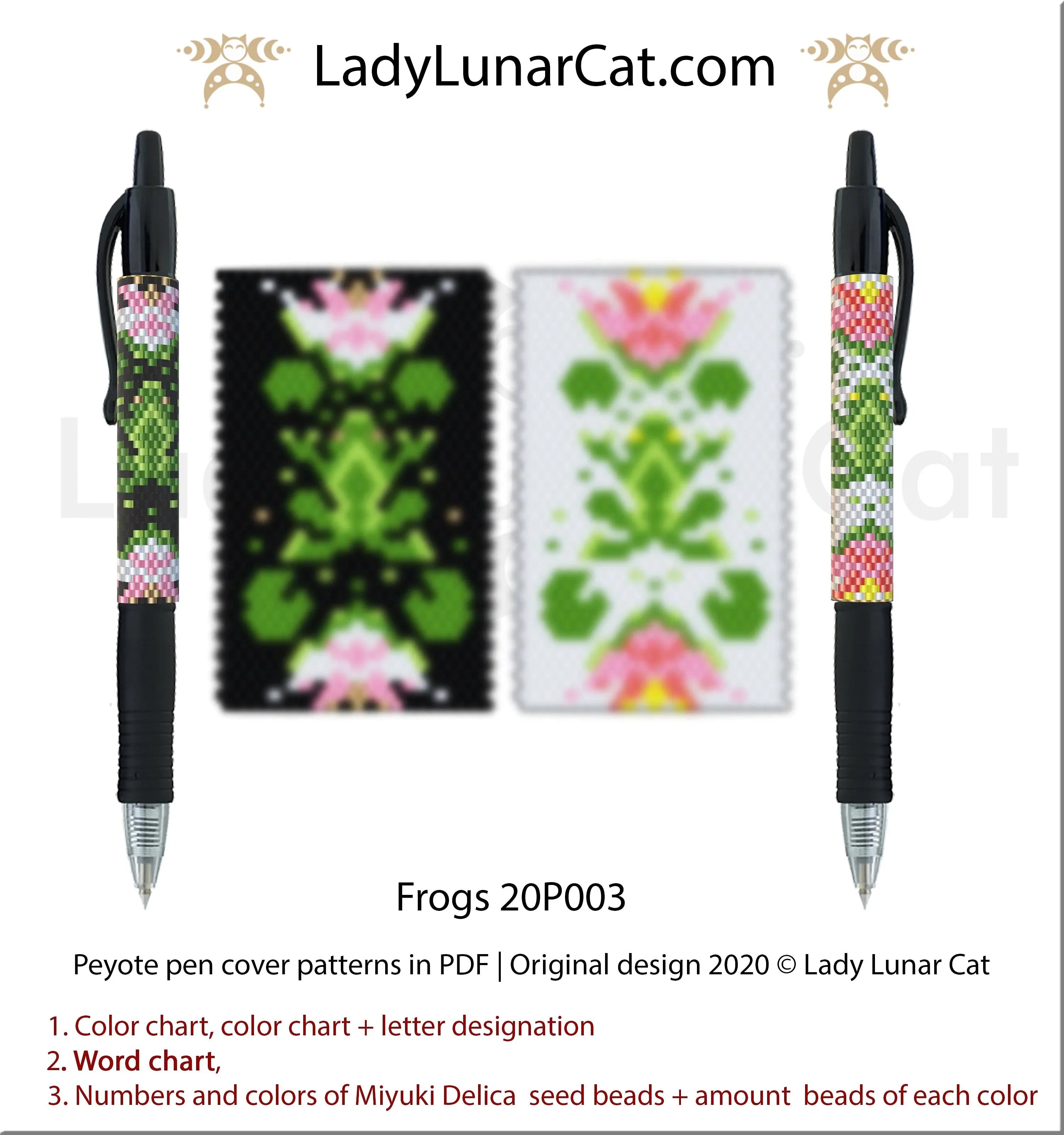 Frogs peyote pen cover 20P003 - 2 variations 21x44 beads 6+6 colors summer PDF LadyLunarCat