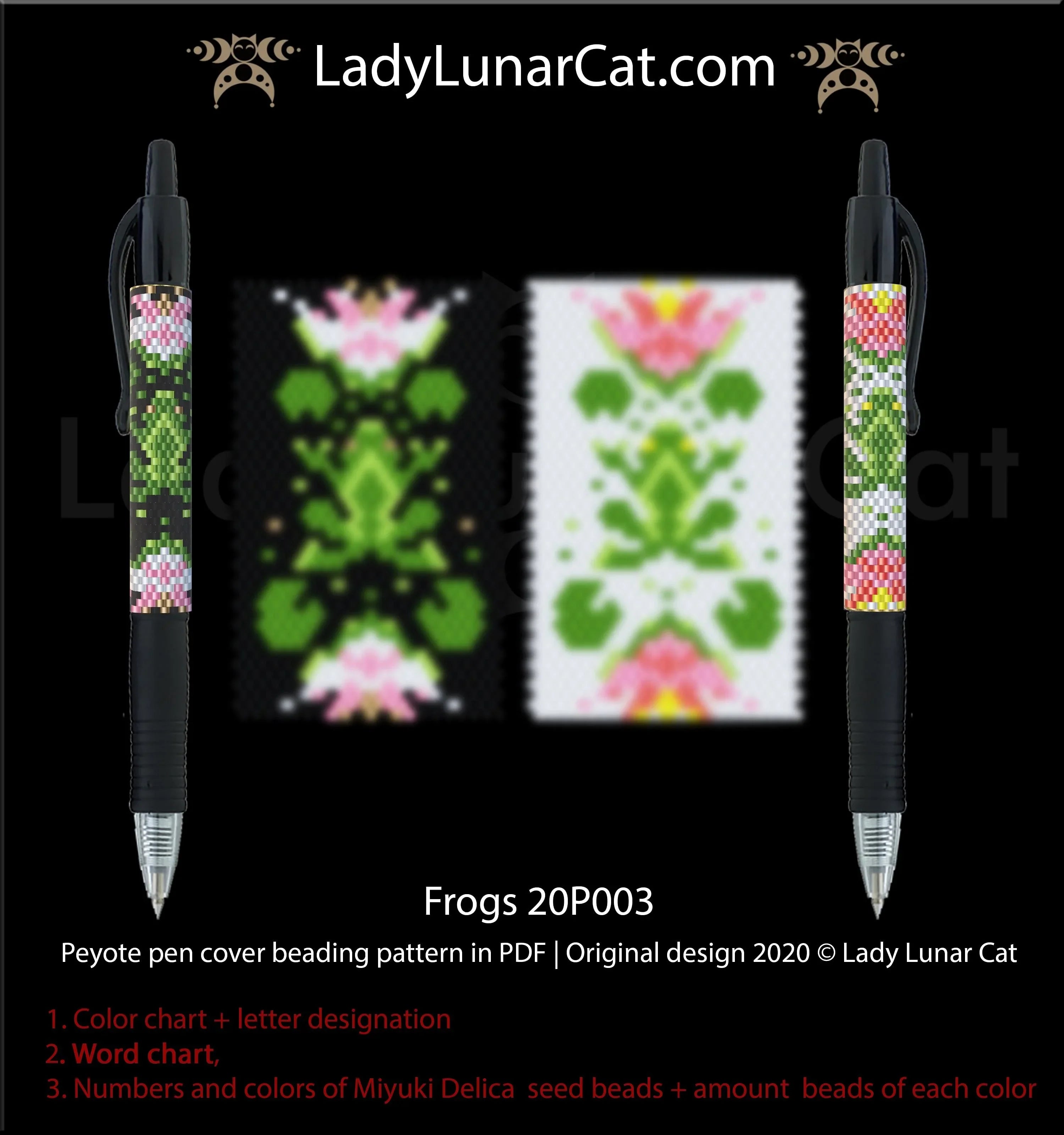Frogs beaded pen wrap variation 1 - playful frogs bright green Miyuki Delica LadyLunarCat