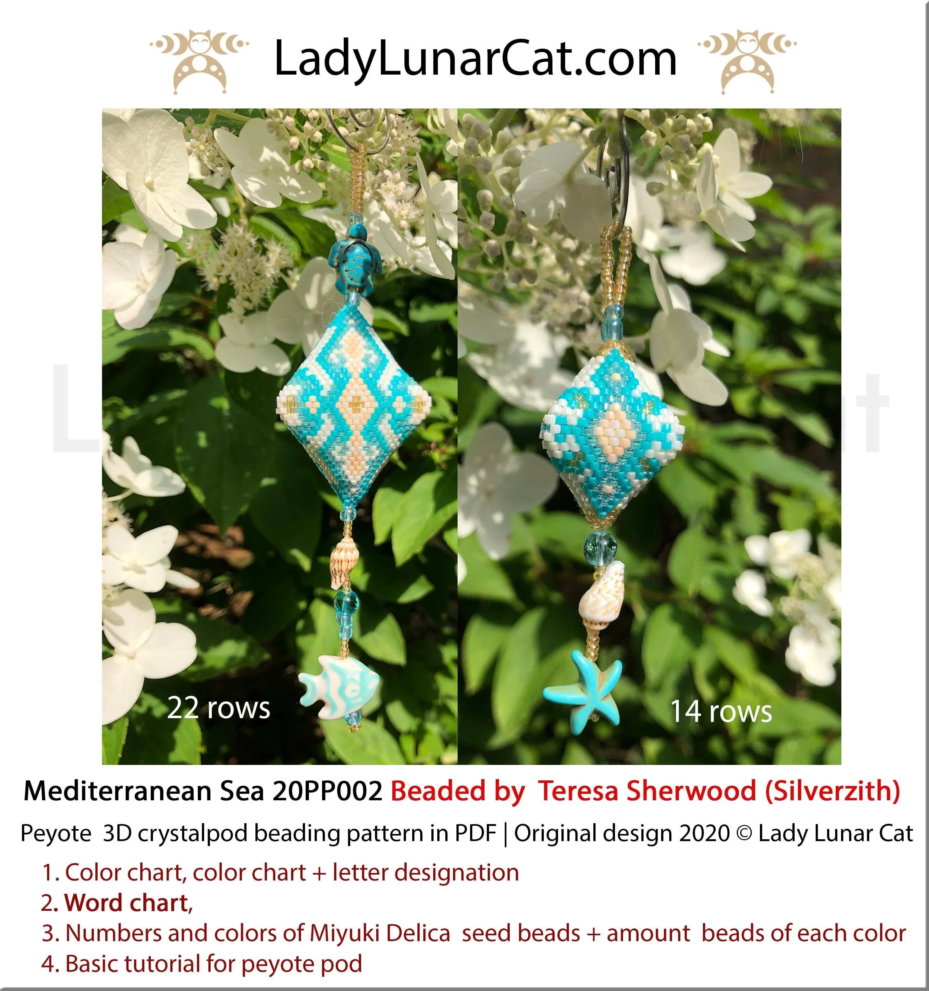 Mediterranean Sea peyote 3D pod - 2 sizes 43+27 beads 5 colors summer PDF LadyLunarCat