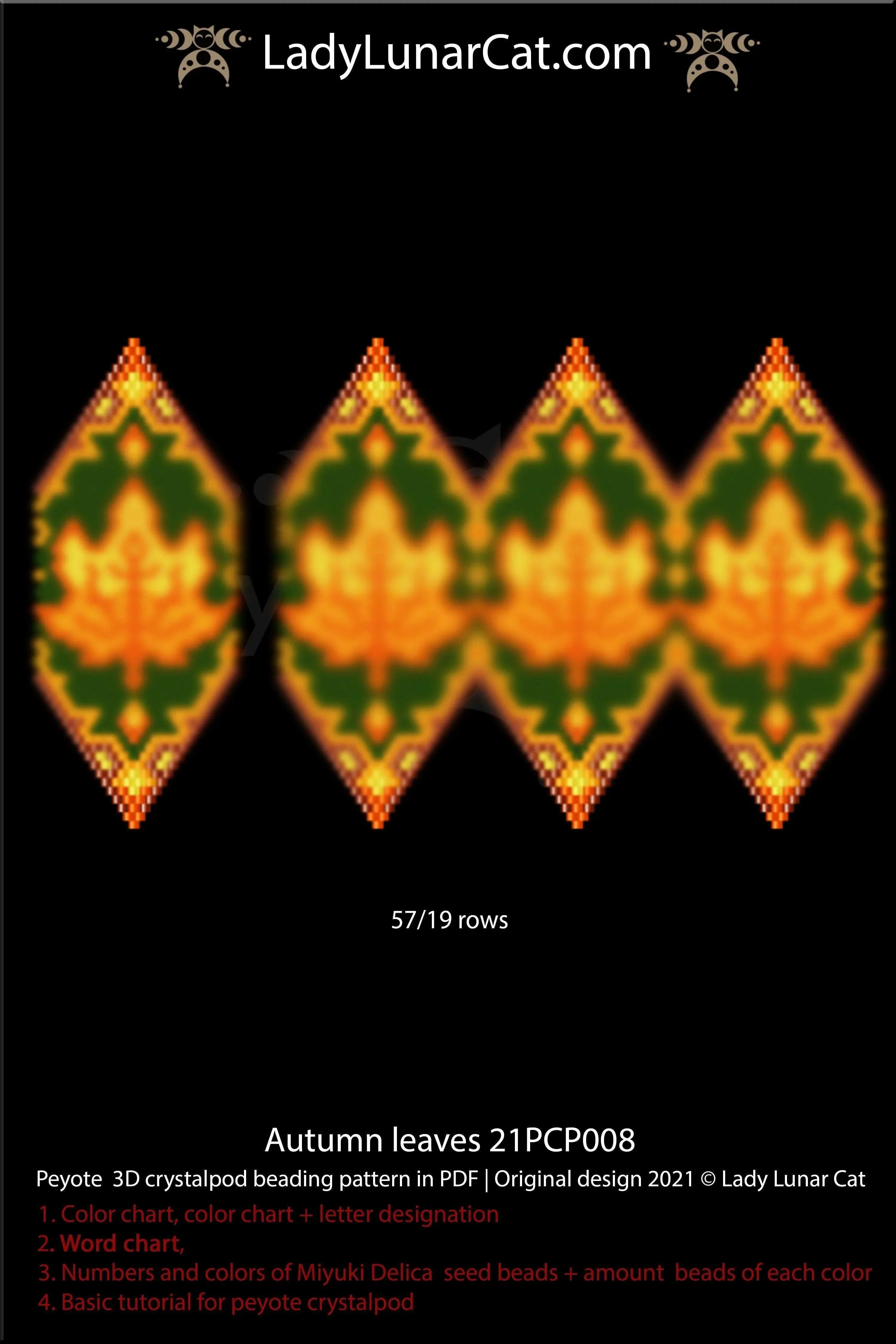 3D peyote pod autumn leaves — 19 corner rows, fall pendant, 3 petal options, instant download