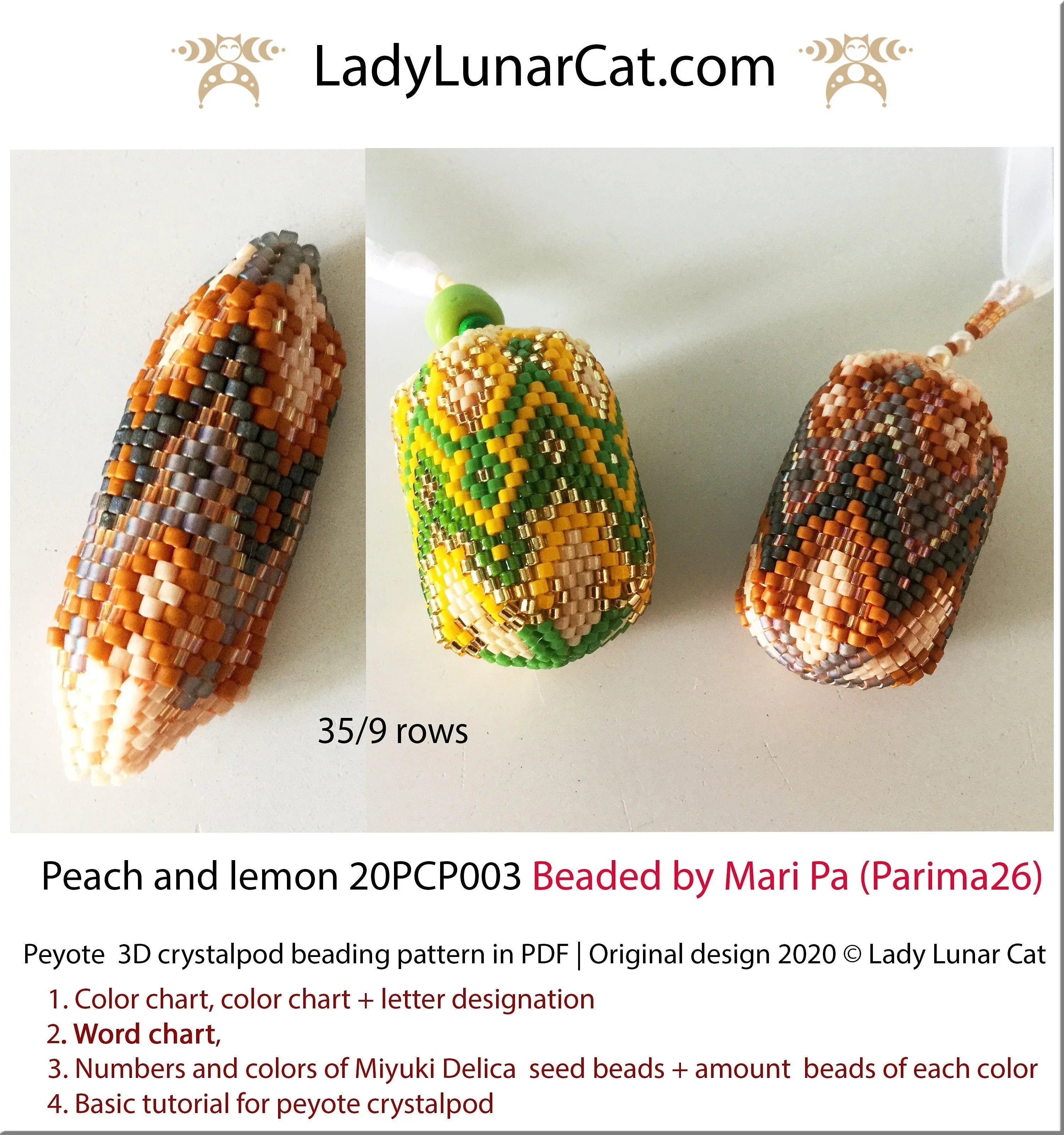Peach and Lemon peyote crystalpod - 2 colorways 35 beads 9 rows any petals PDF LadyLunarCat