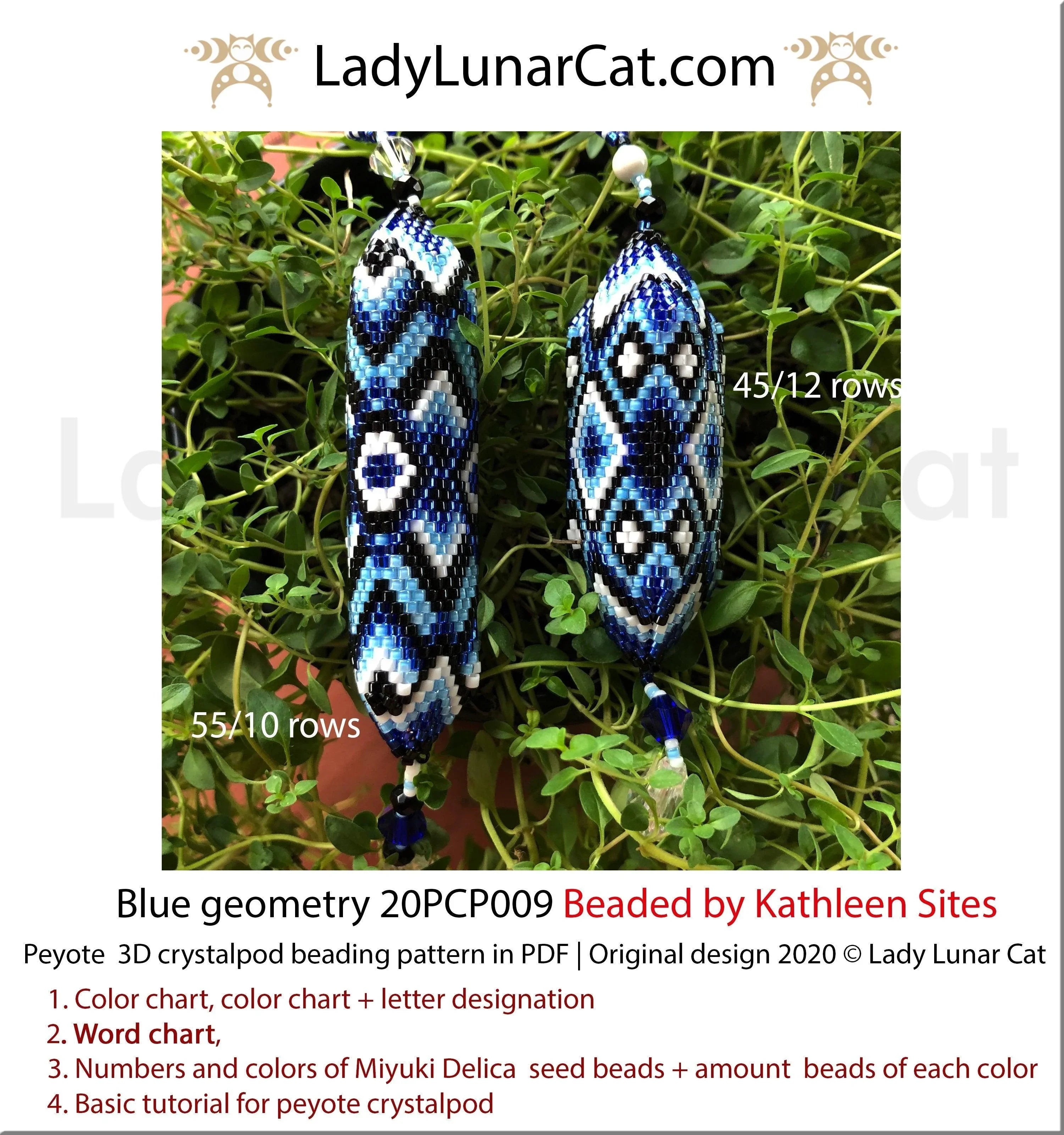 Blue geometry peyote crystalpod — 2 sizes, 4 colors, Miyuki Delica 11/0
