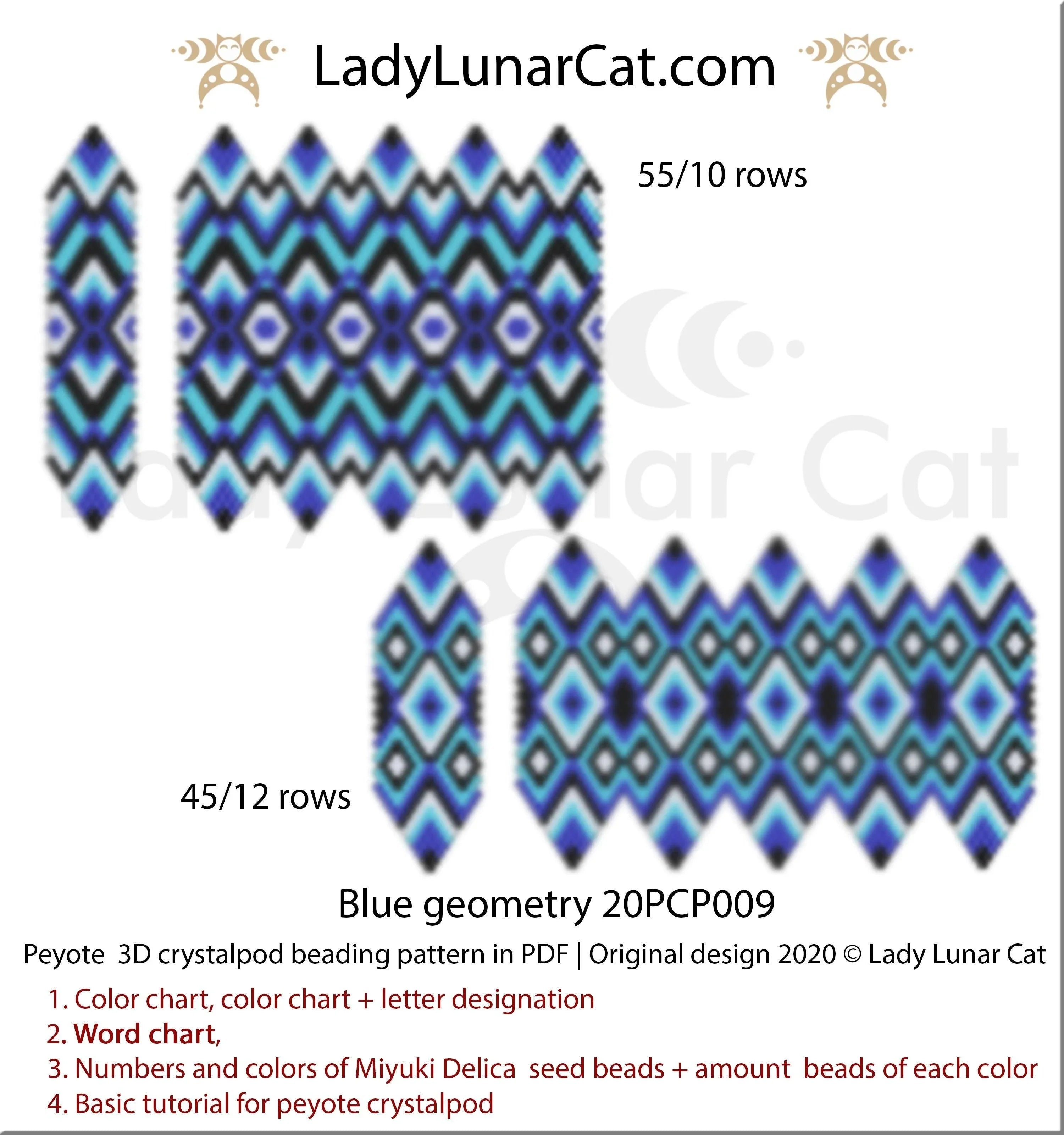Peyote crystalpod blue geometry — 55 & 45 beads, any petals, instant download