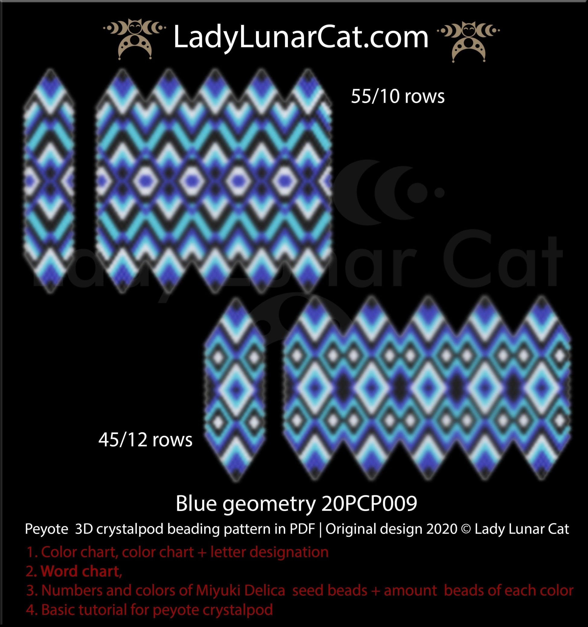 3d peyote pod pattern or crystalpod pattern for beading Blue geometry 20PCP009 LadyLunarCat