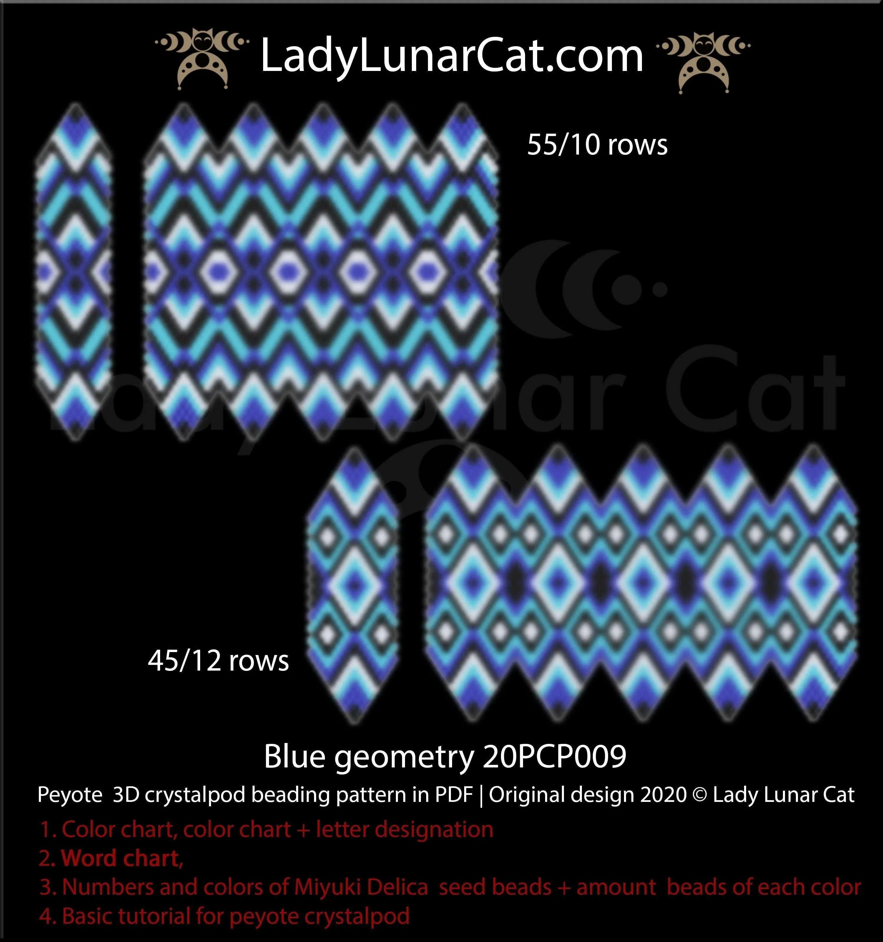 Beaded blue geometry crystalpod pendant — peyote tutorial PDF for all levels