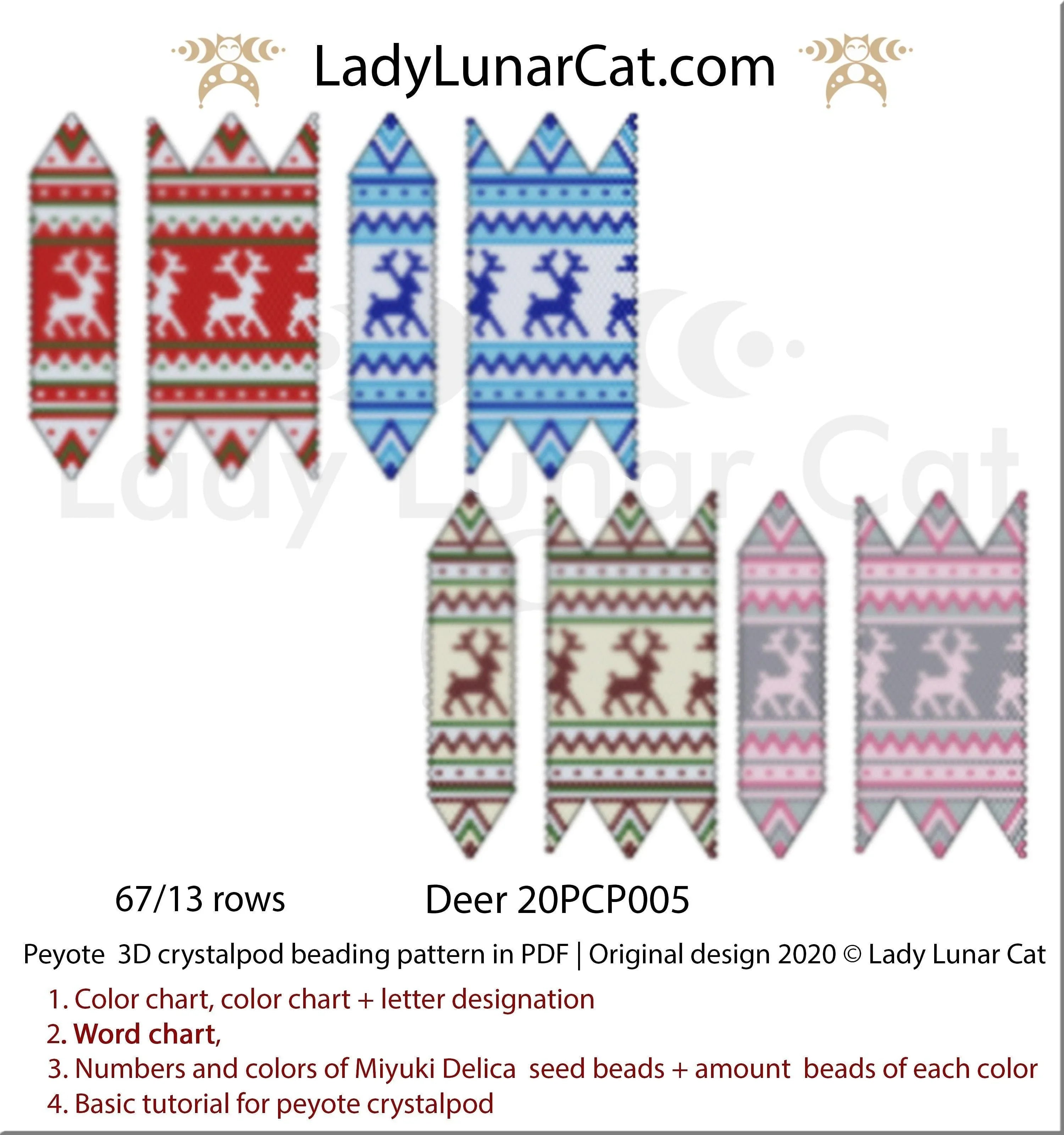 Christmas deer peyote crystalpod — 4 versions, unlimited petals, 65-bead pod, Miyuki Delica 11/0